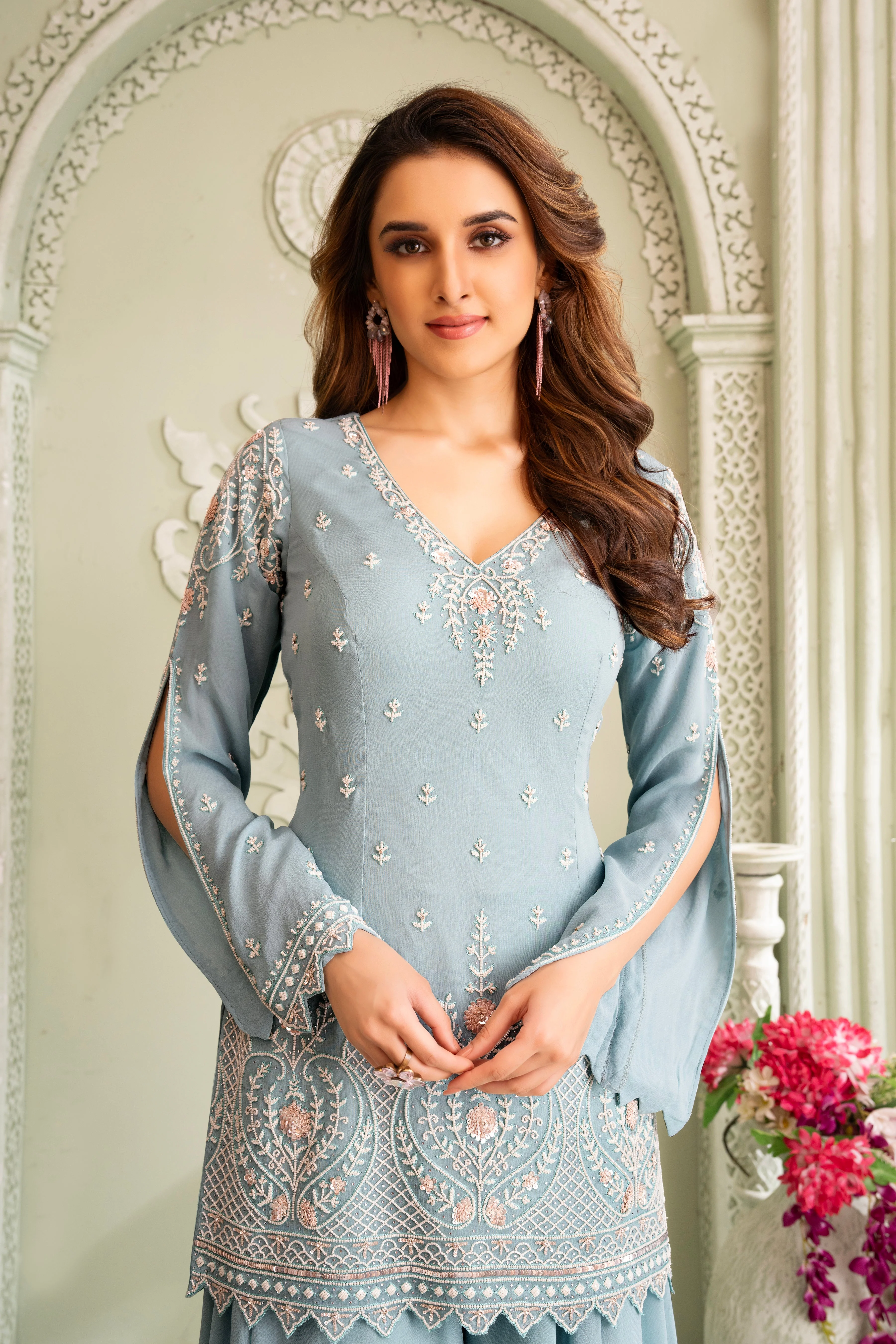 Pastel Blue Hand Embroidered Palazzo Set - Image 2