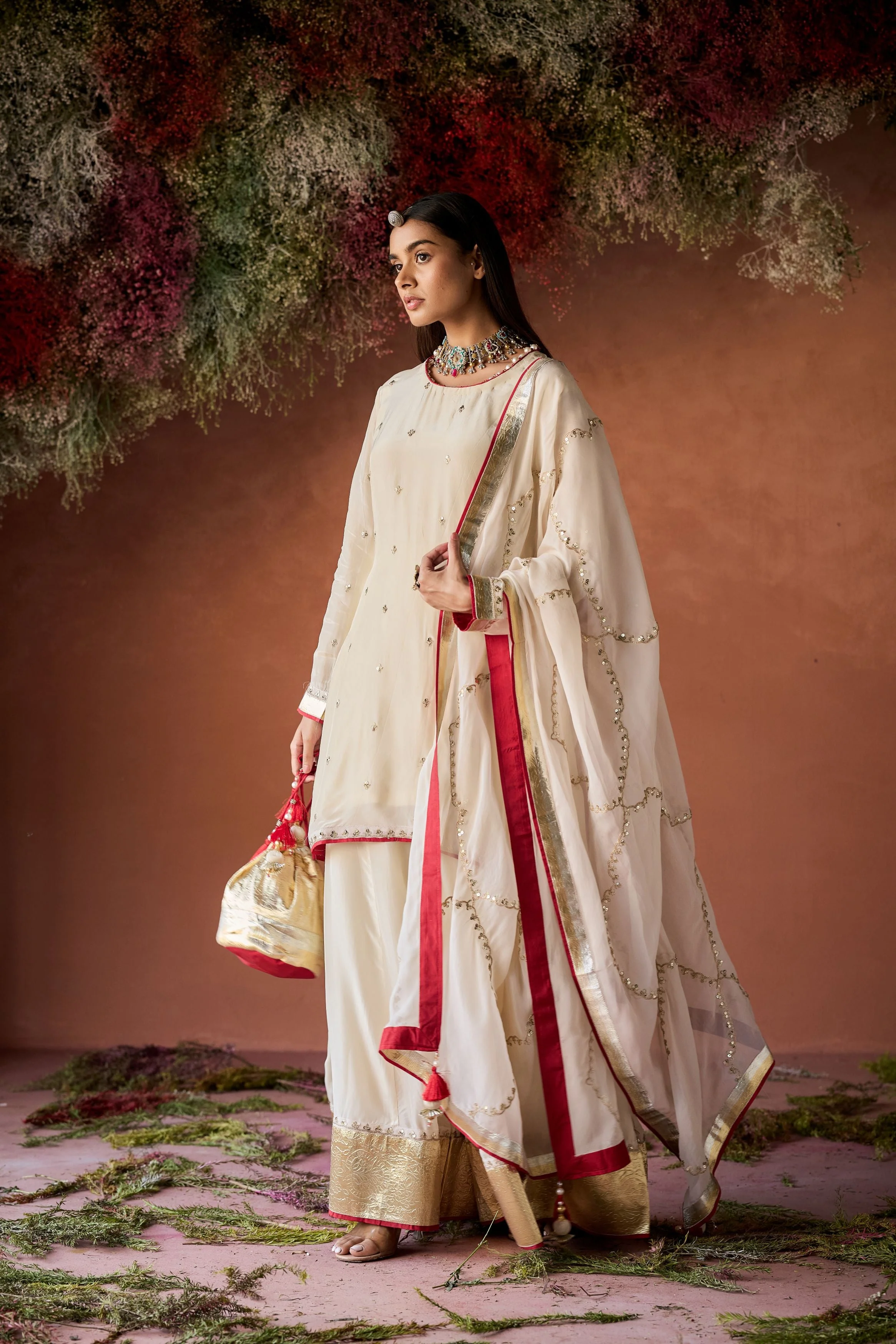 Pastel Cream Embellished Premium Silk Palazzo Set - Image 2