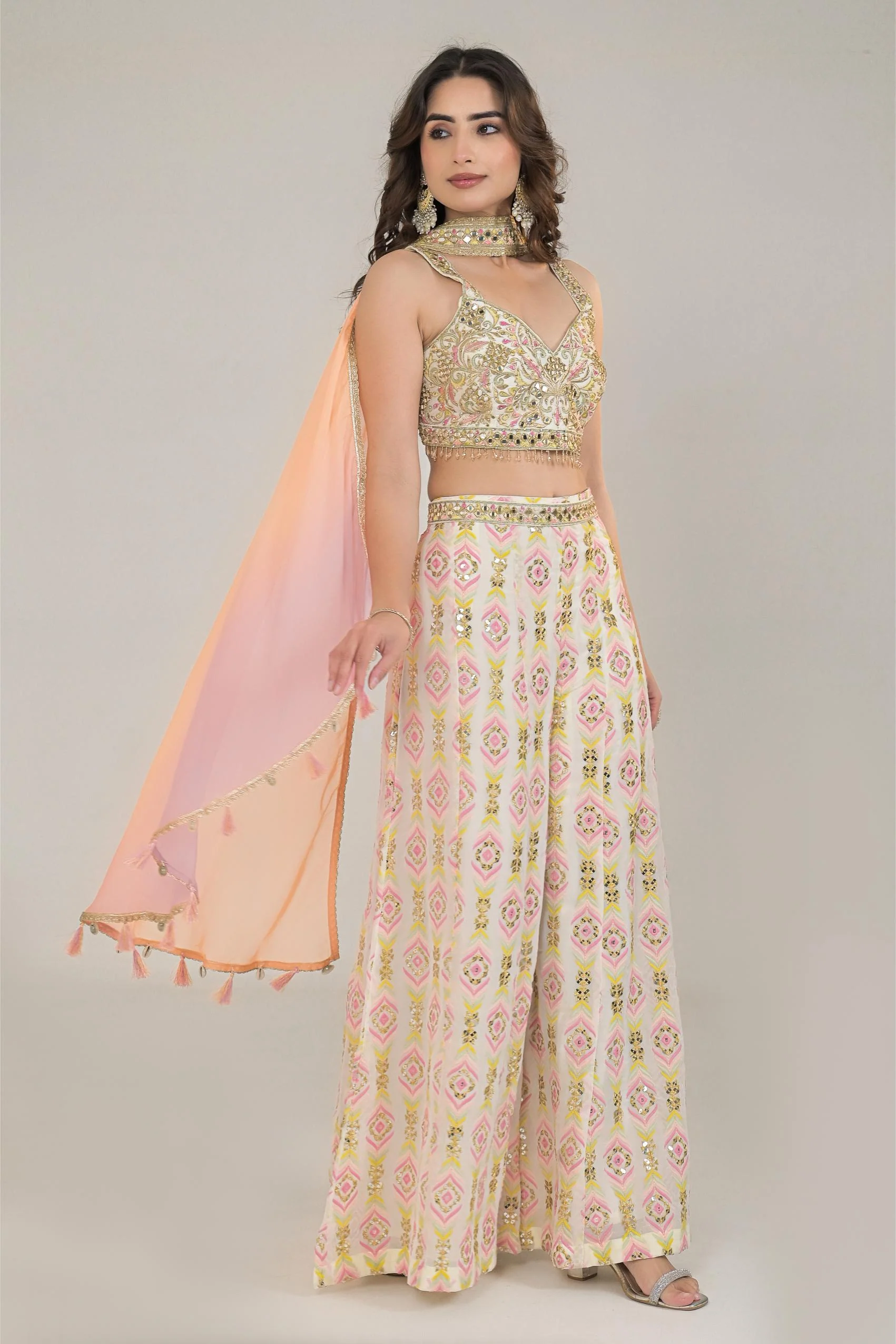 Pastel Cream Embroidered Georgette Silk Palazzo Set - Image 3