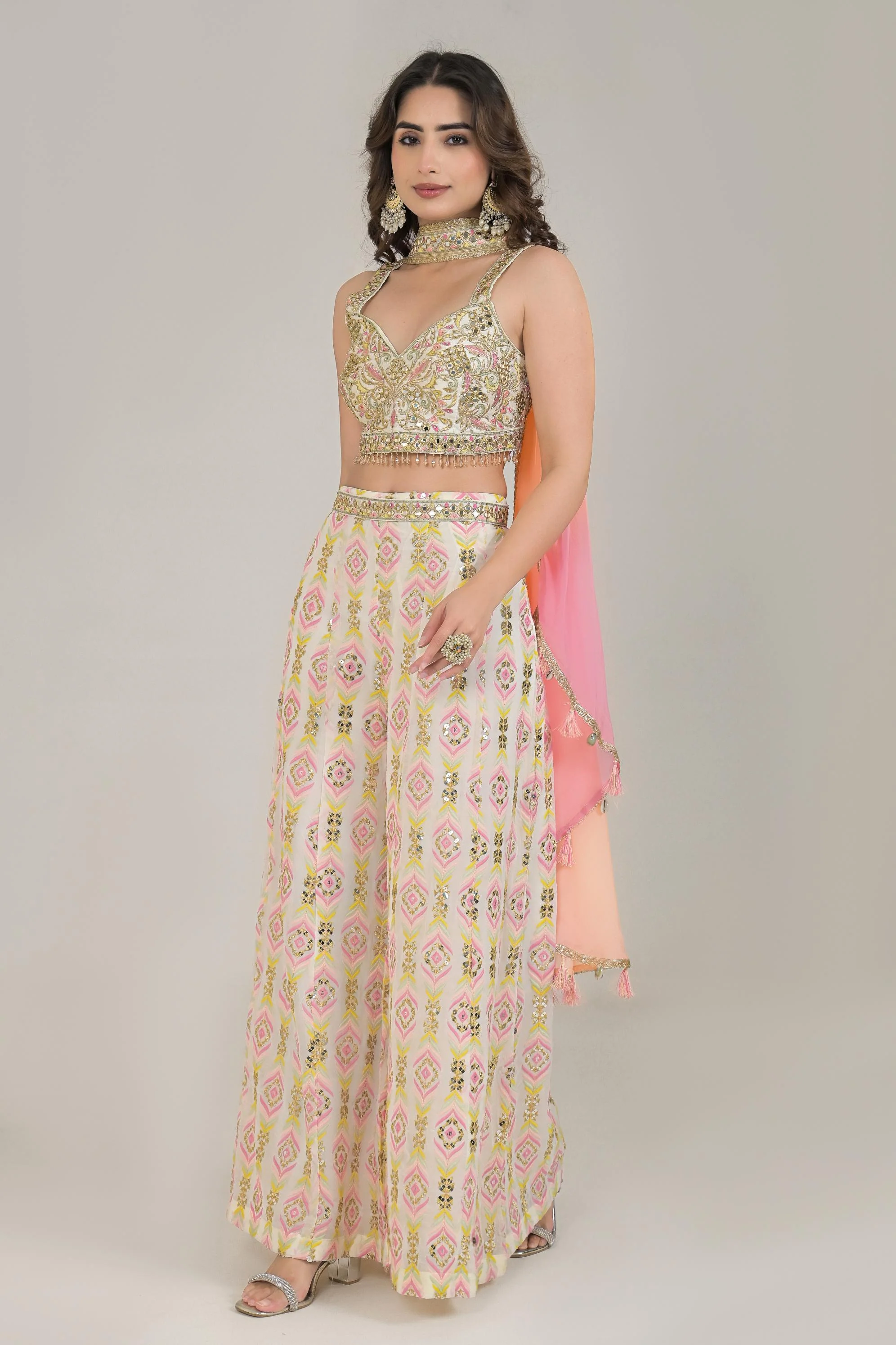 Pastel Cream Embroidered Georgette Silk Palazzo Set - Image 4