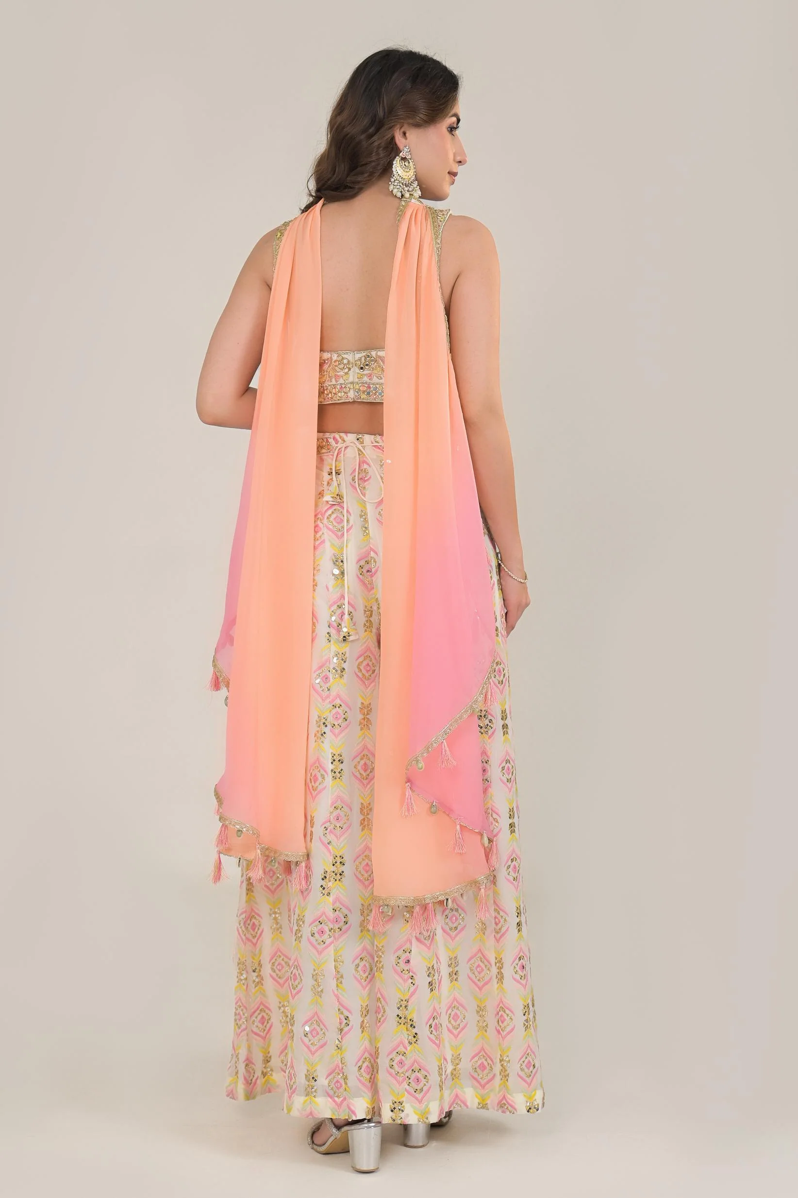 Pastel Cream Embroidered Georgette Silk Palazzo Set - Image 5