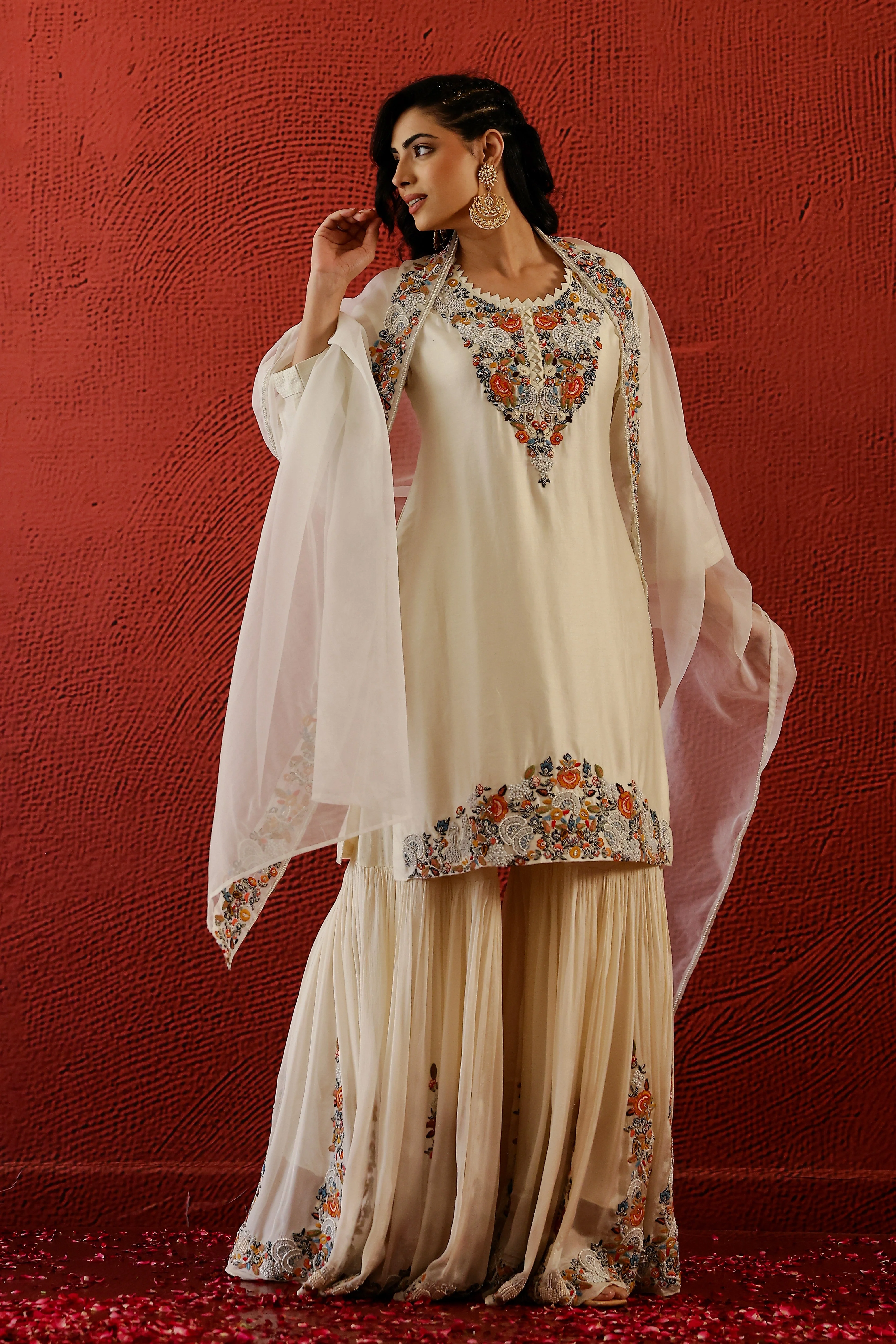 Pastel Cream Embroidered Spanish Silk Sharara Set - Image 3