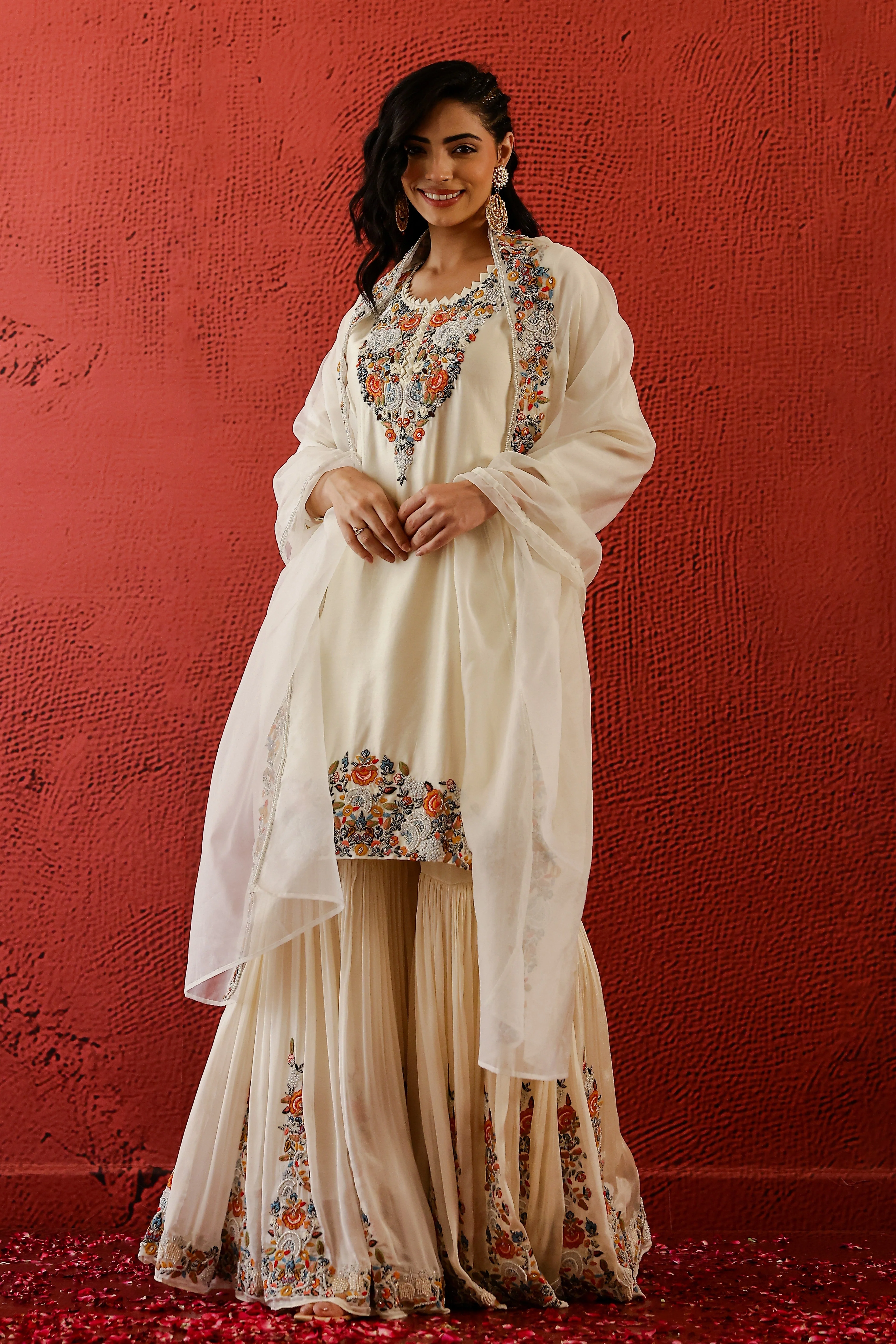 Pastel Cream Embroidered Spanish Silk Sharara Set - Image 4