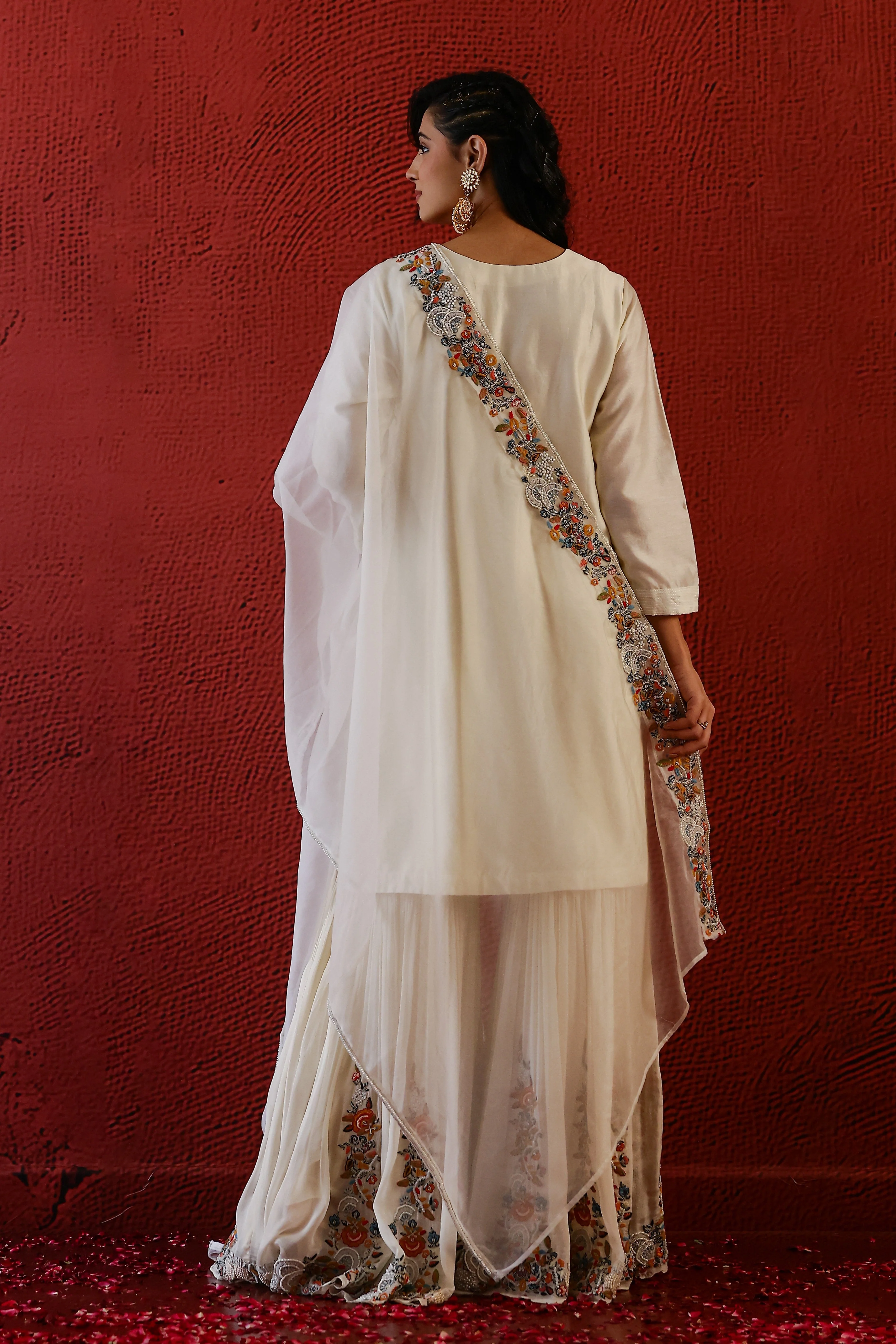 Pastel Cream Embroidered Spanish Silk Sharara Set - Image 5