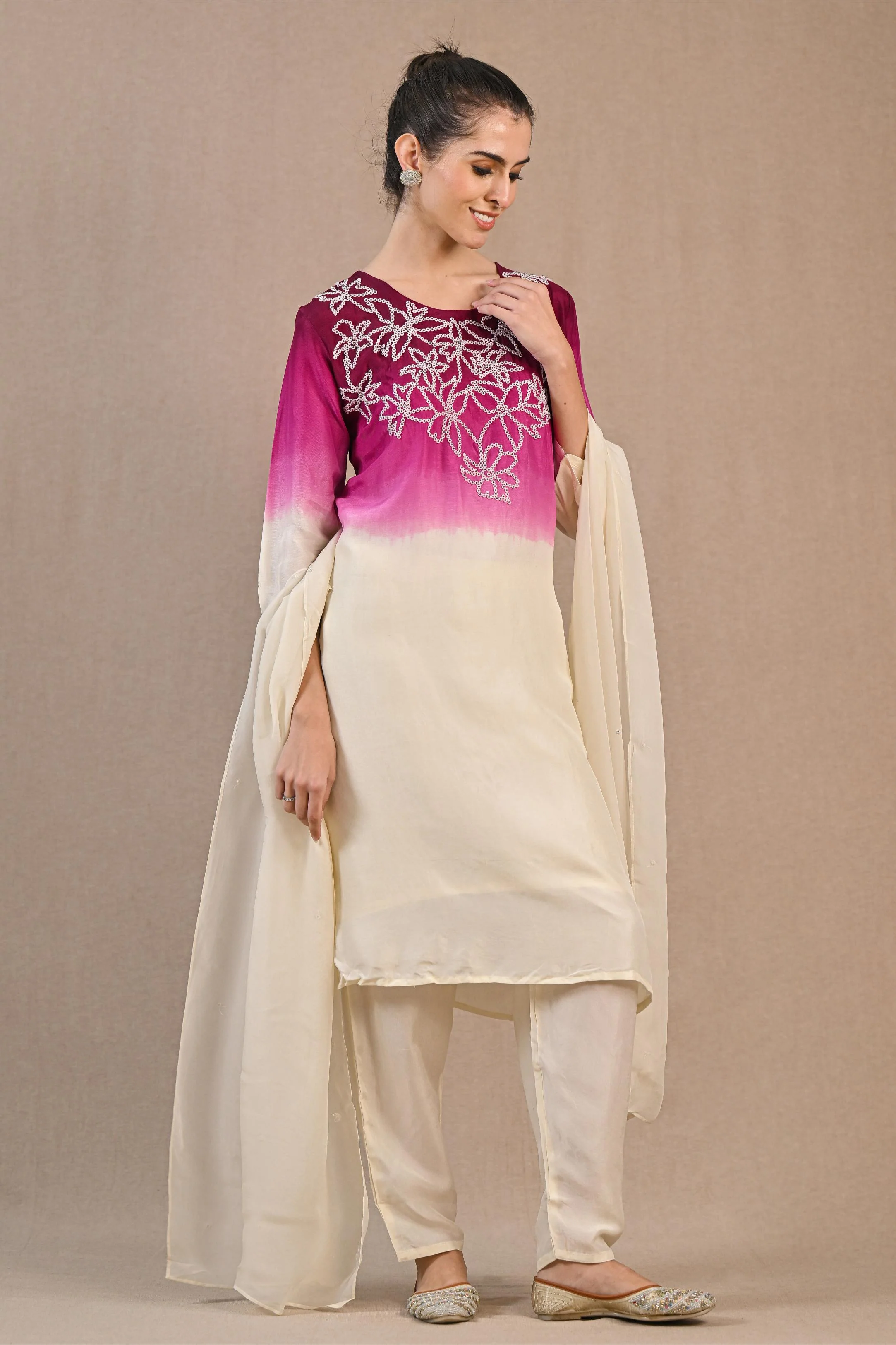 Pastel Cream Ombre-Dyed Premium Silk Pants Set - Image 3
