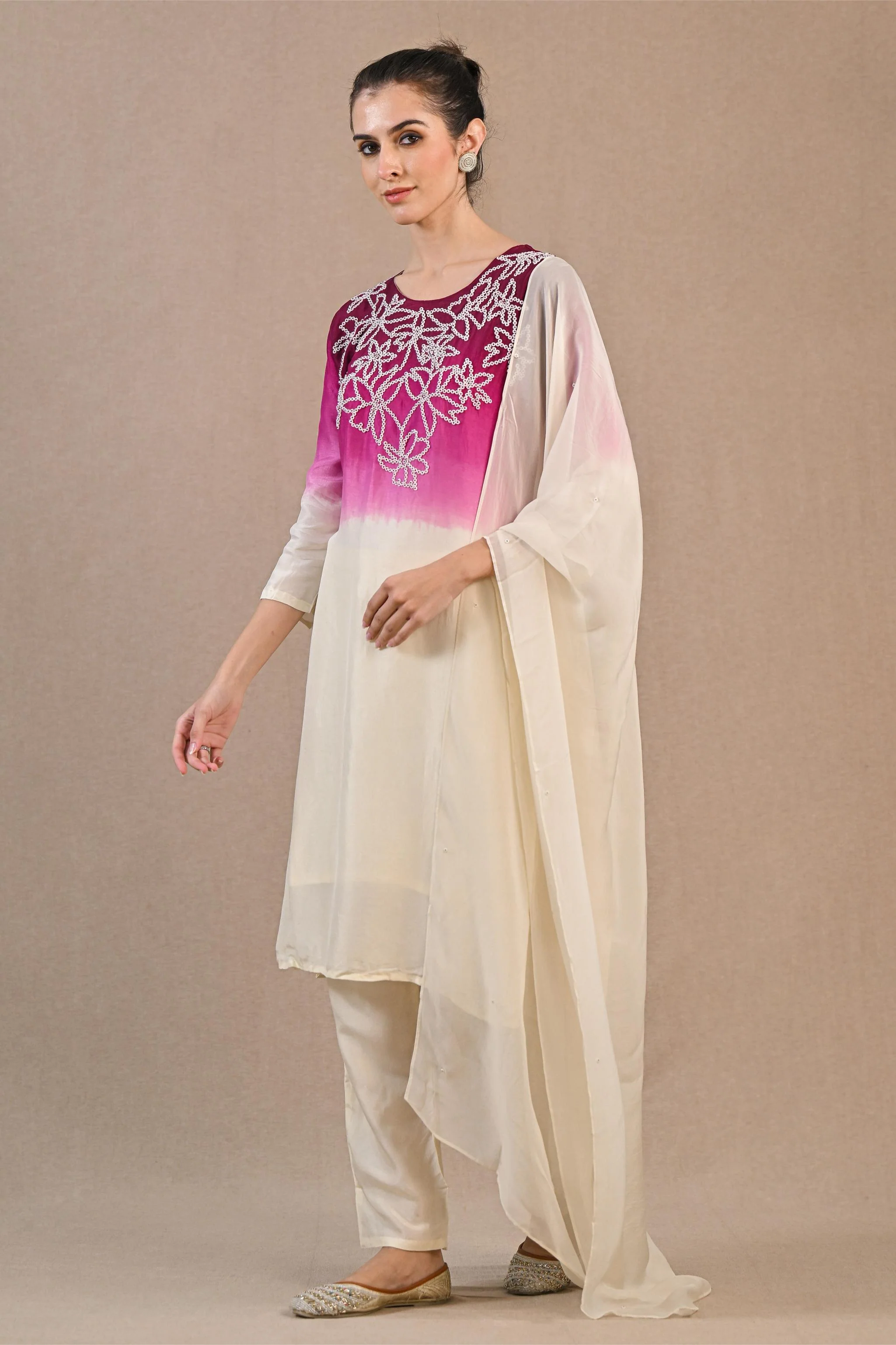 Pastel Cream Ombre-Dyed Premium Silk Pants Set - Image 4