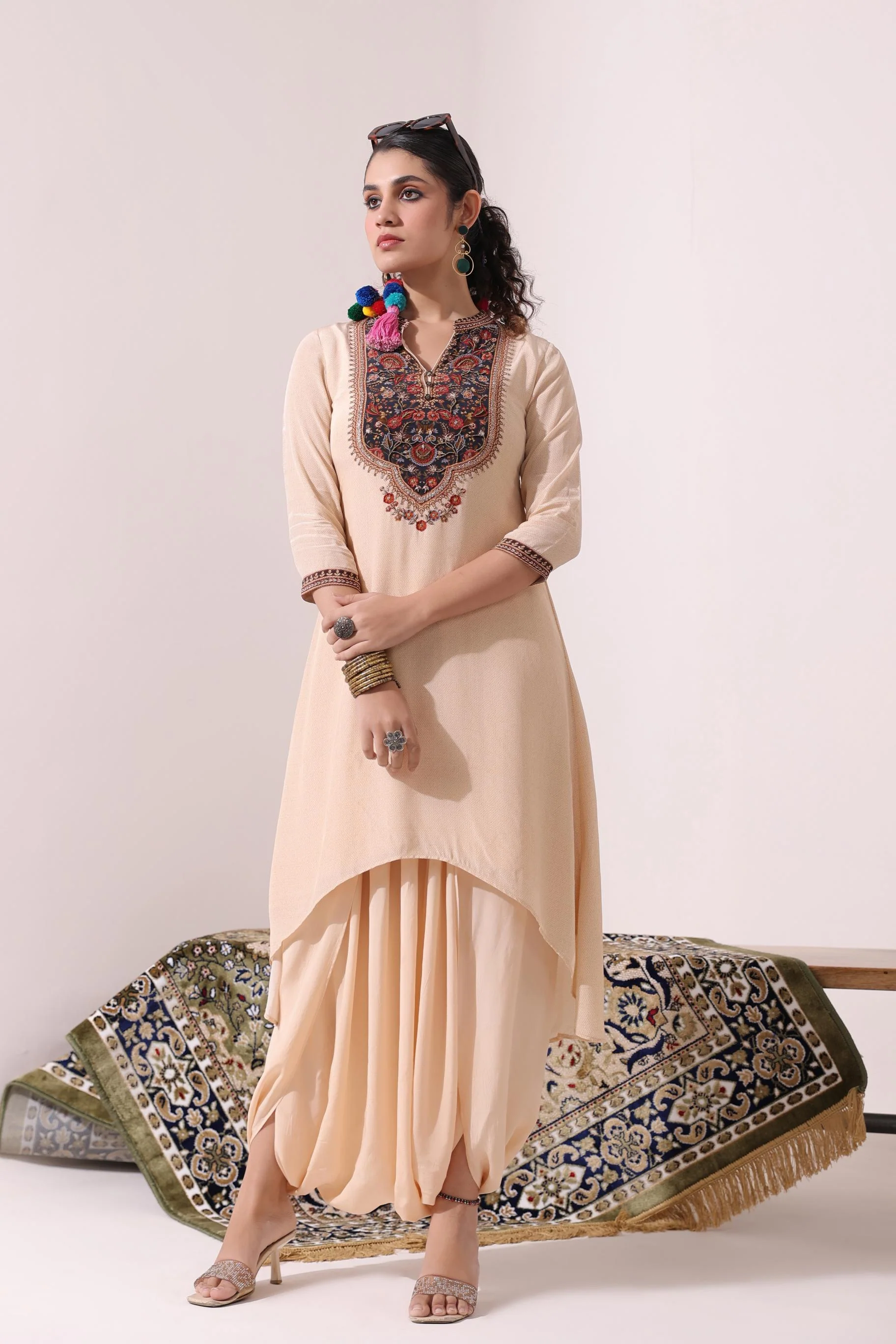 Pastel Cream Traditional Printed Crepe Silk Dhoti Set - Image 3