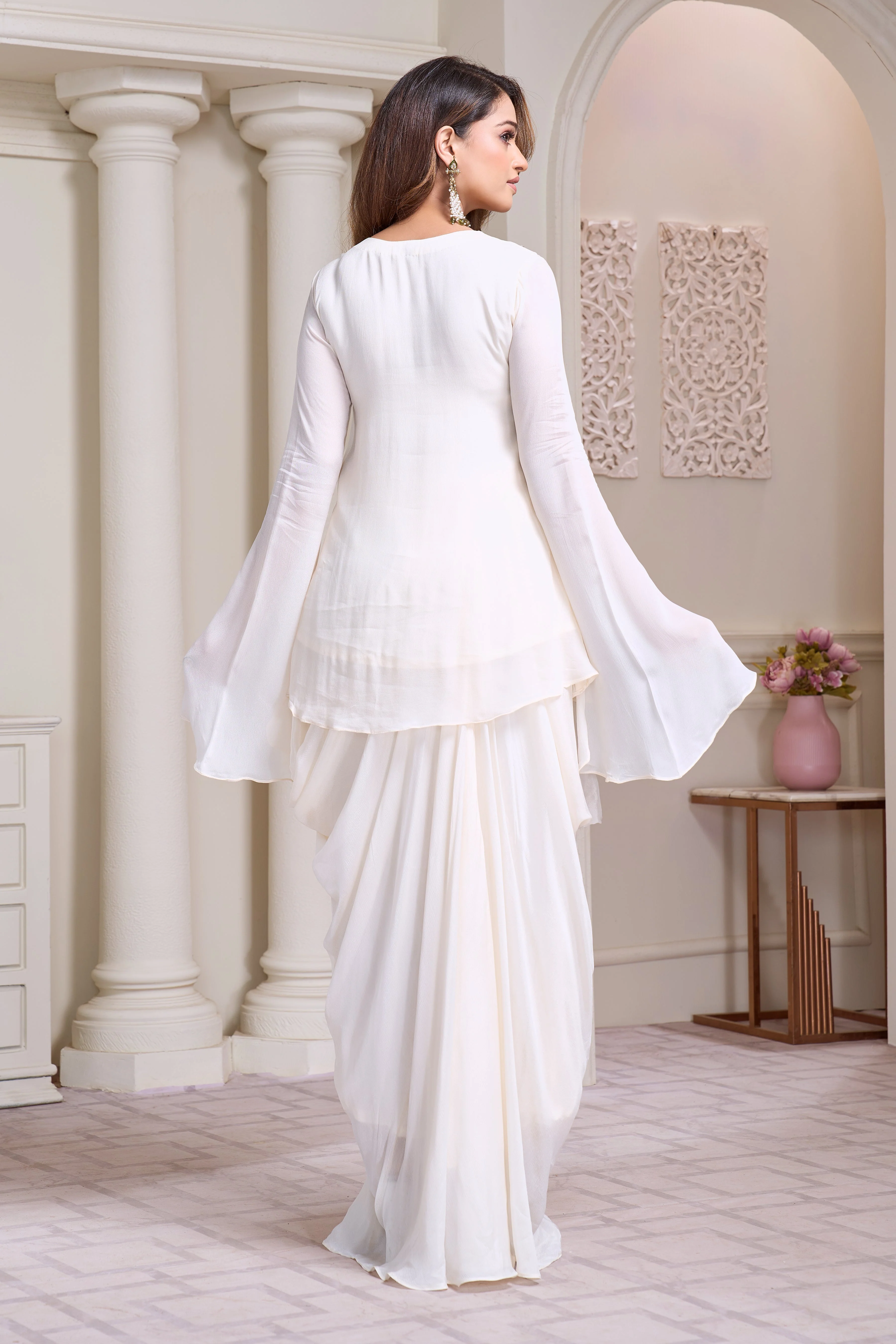 Classic White Embellished Chinon Silk Drape Skirt Set - Image 3