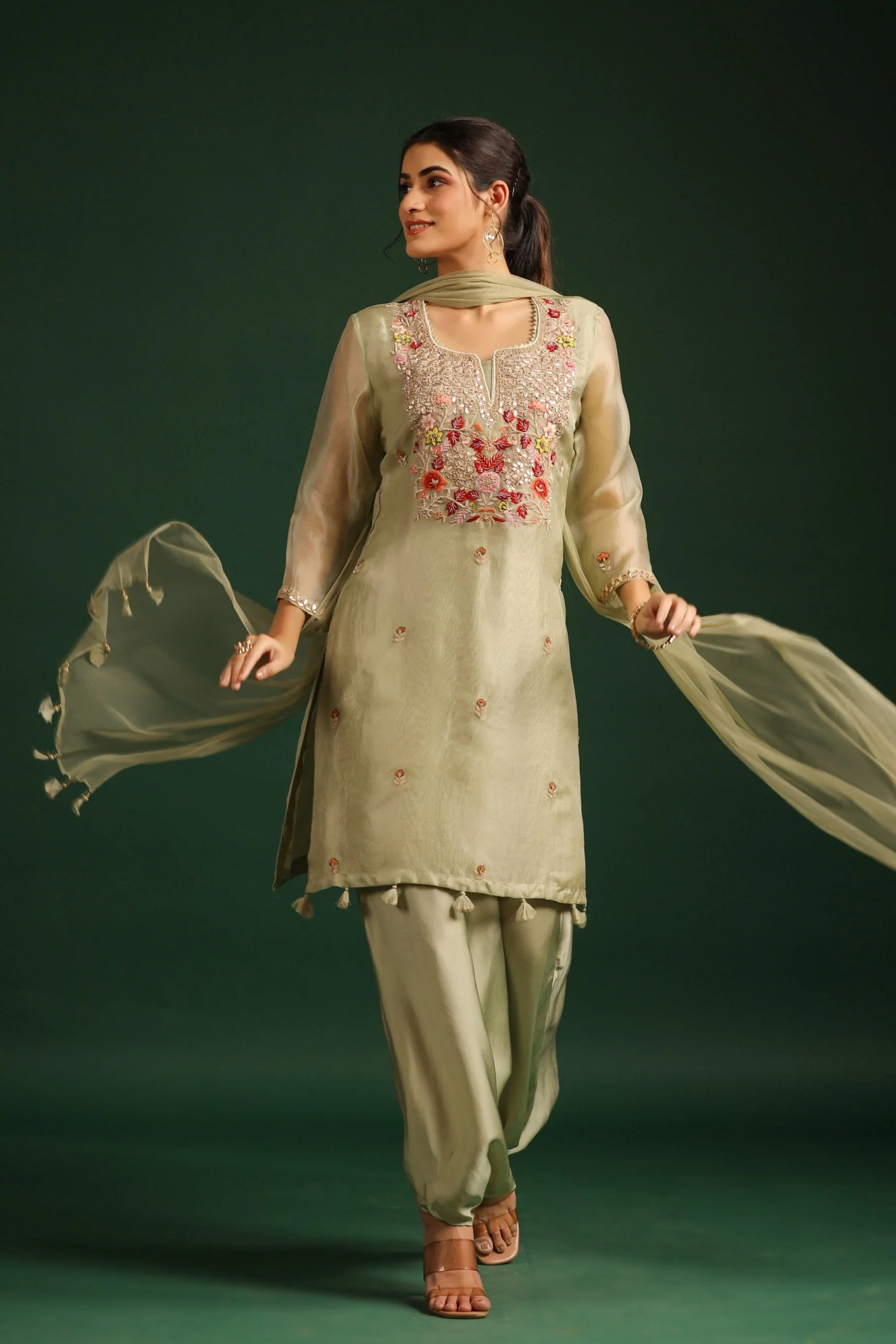Pastel Green Embellished Cowl Pants Set - Image 3
