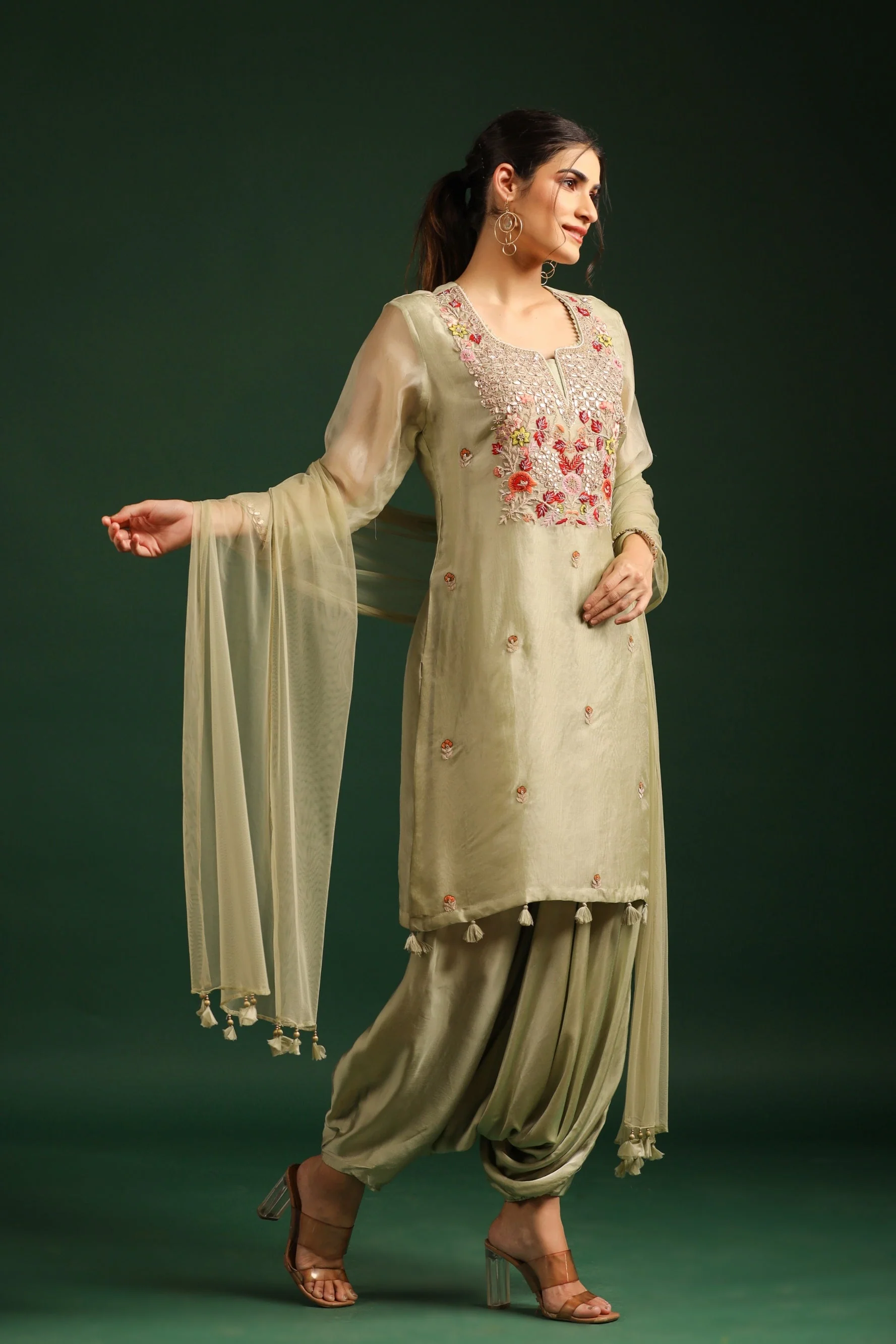 Pastel Green Embellished Cowl Pants Set - Image 4