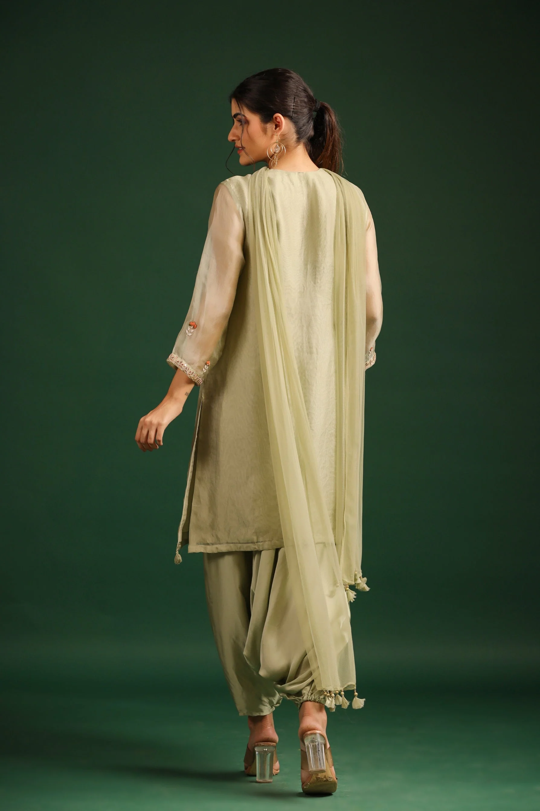Pastel Green Embellished Cowl Pants Set - Image 5