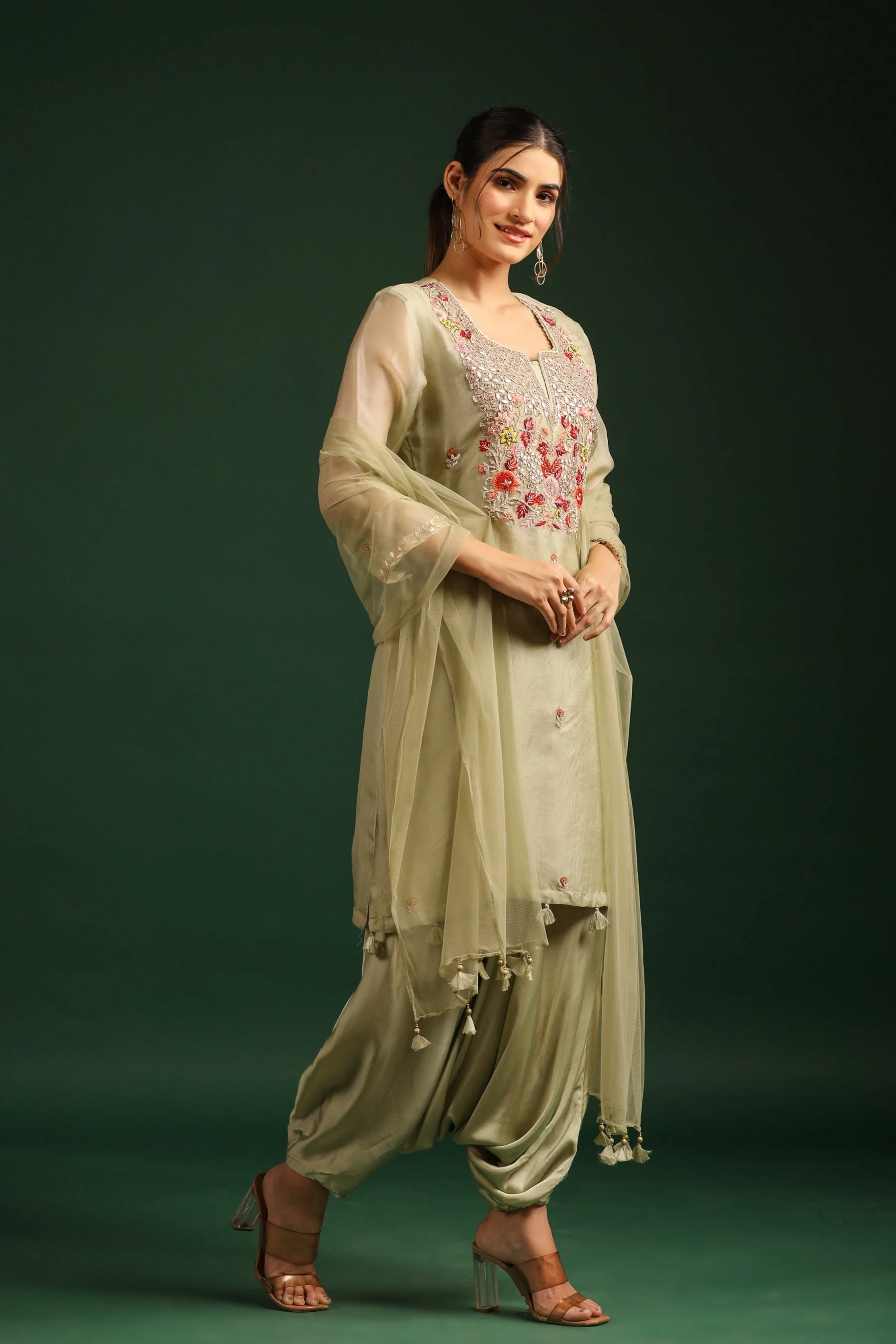 Pastel Green Embellished Cowl Pants Set - Image 6