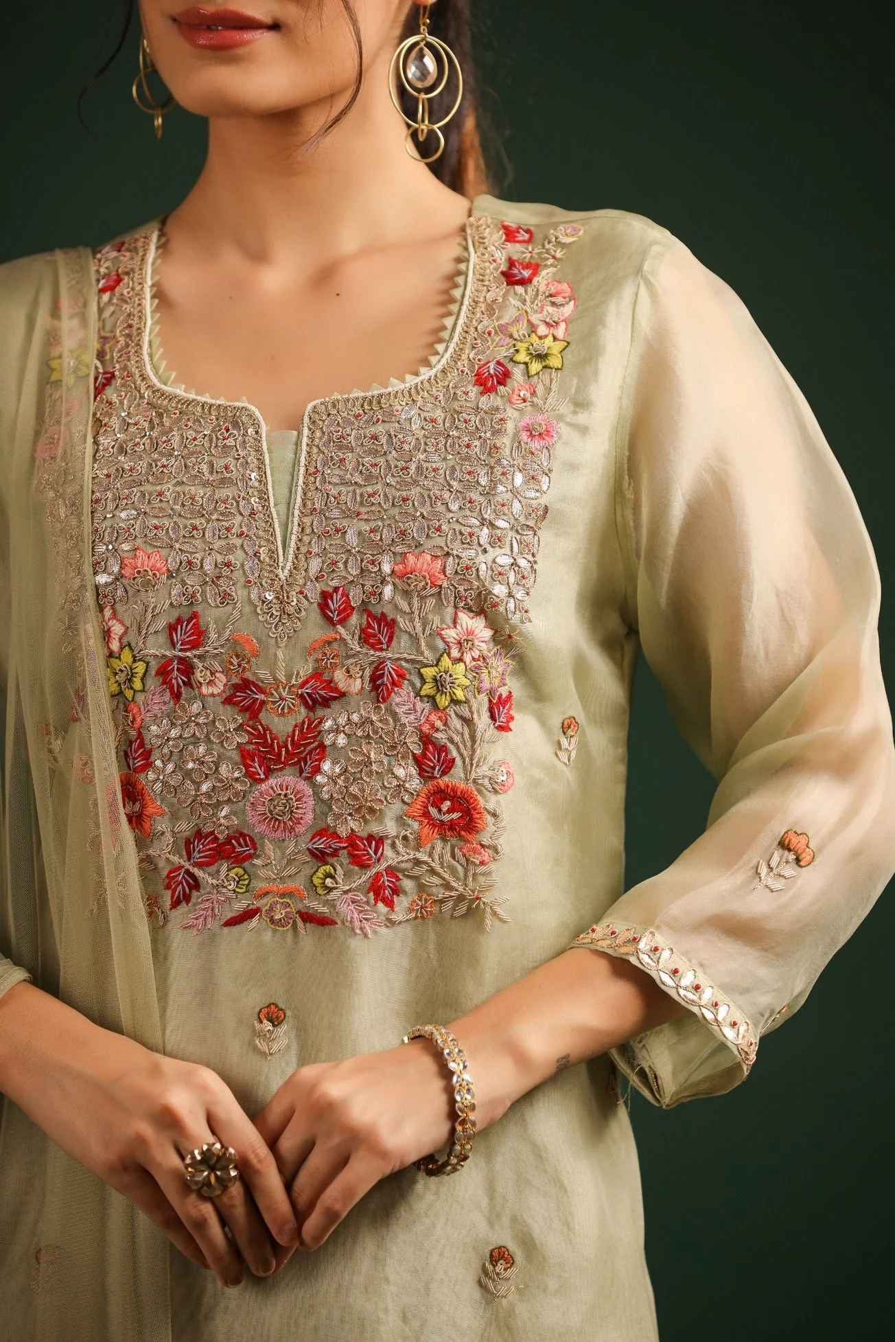 Pastel Green Embellished Cowl Pants Set - Image 7
