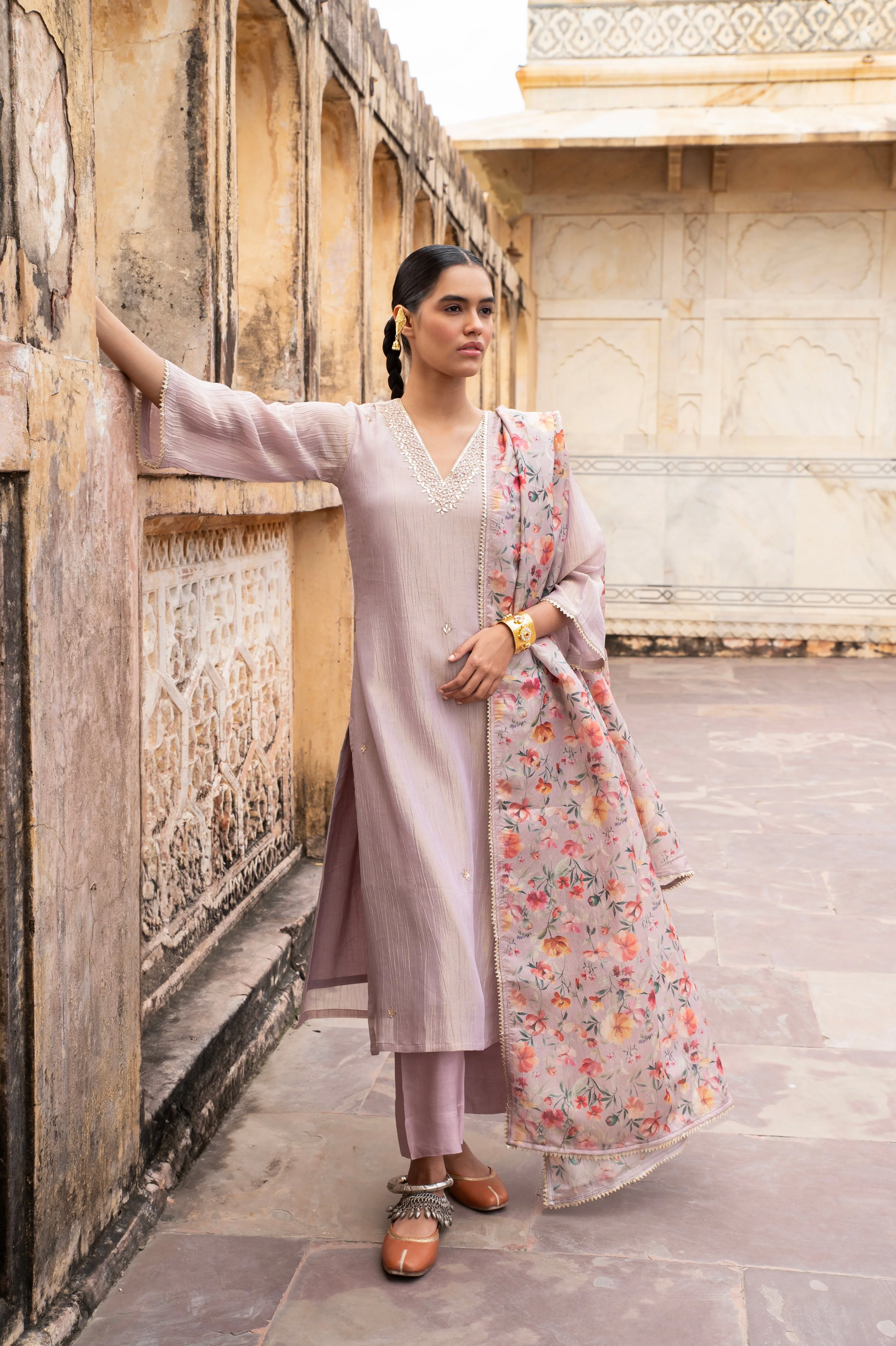 Pastel Purple Embellished Crushed Tissue Silk Pant Set - Image 2