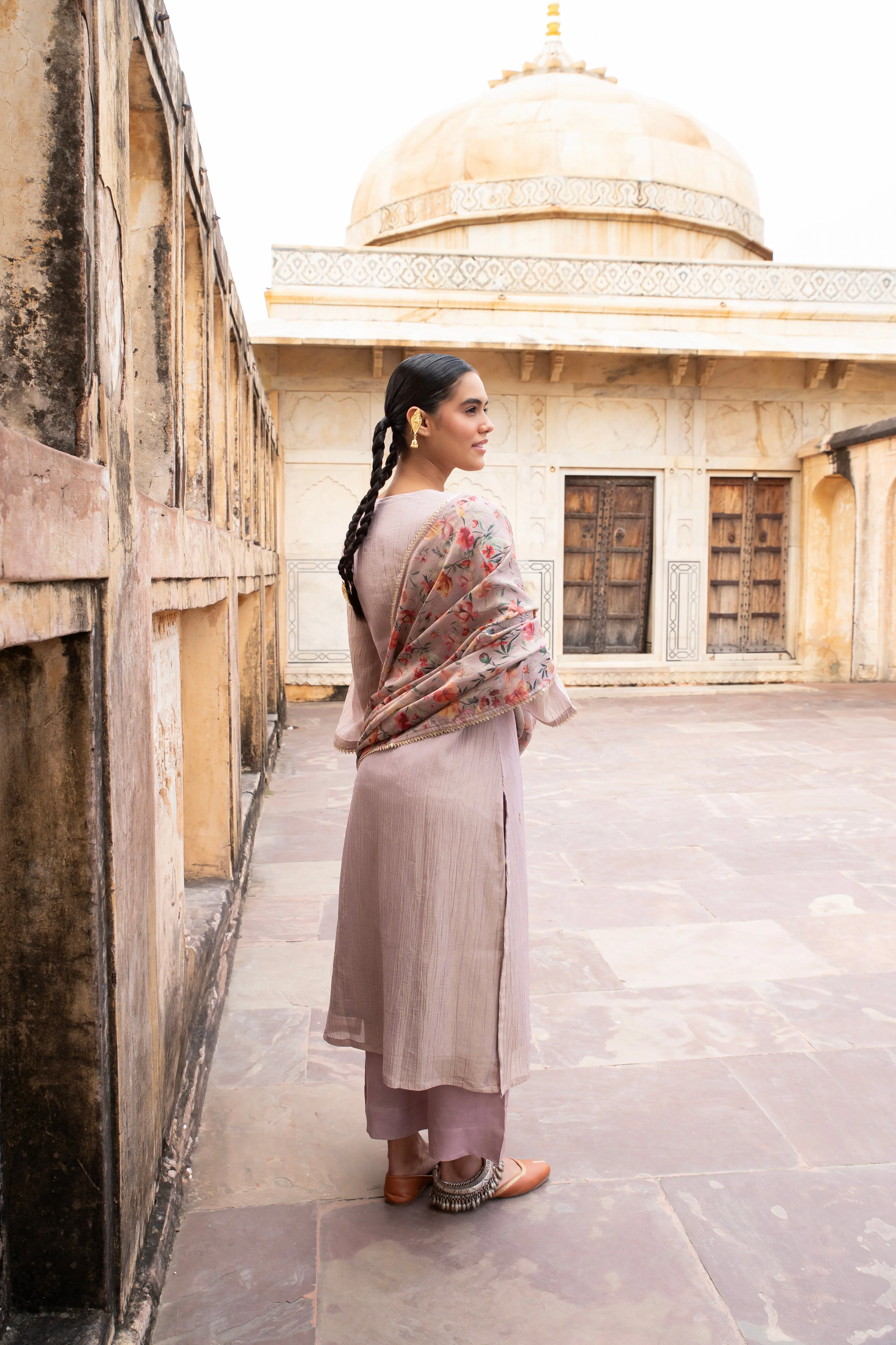 Pastel Purple Embellished Crushed Tissue Silk Pant Set - Image 3