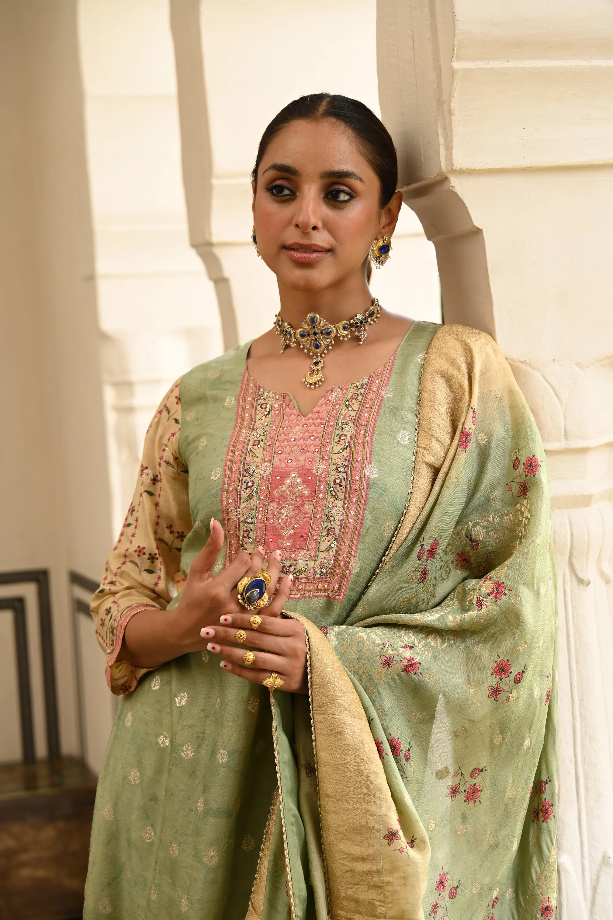 Pastel Green Printed Jacquard Silk Pant Set - Image 2