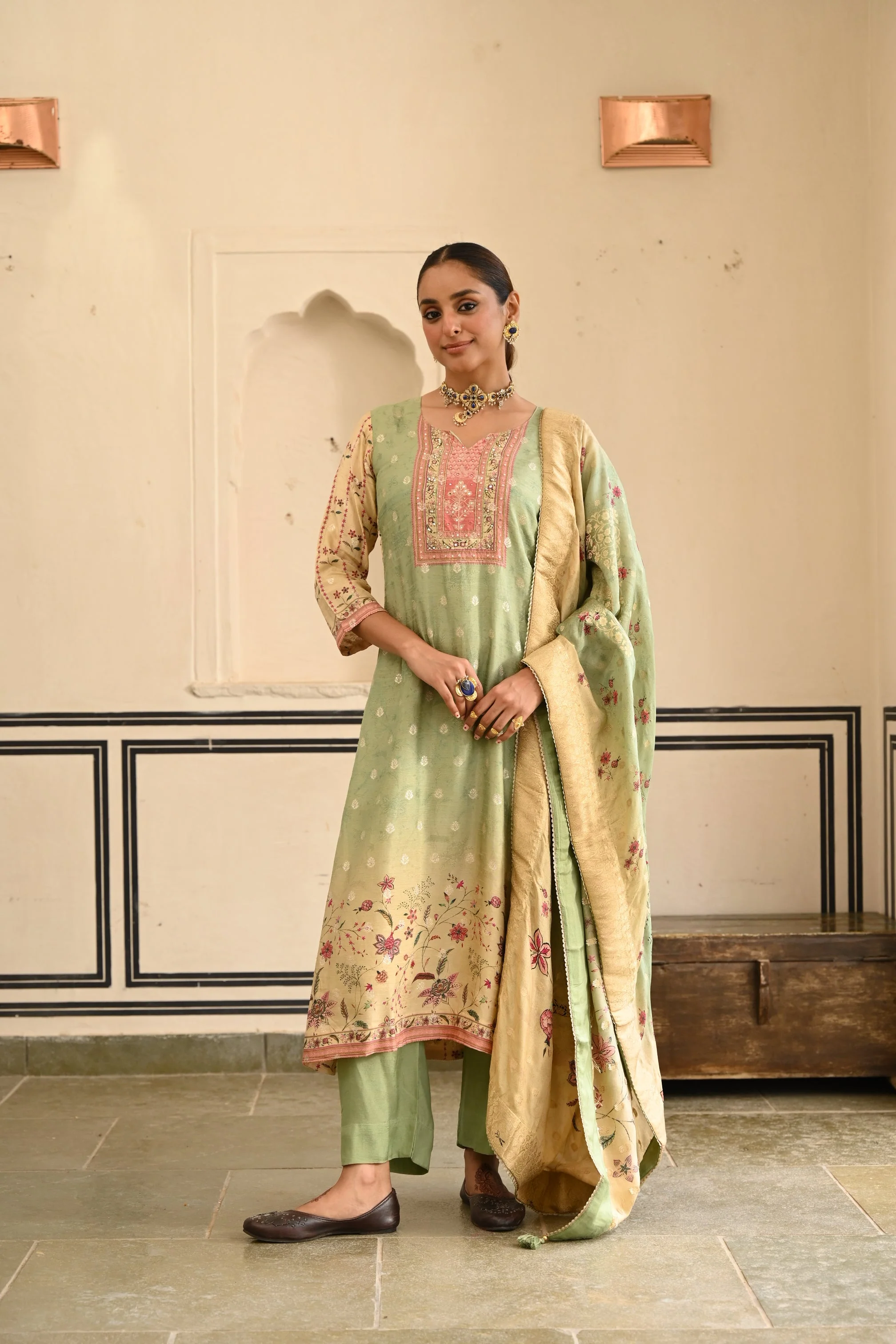 Pastel Green Printed Jacquard Silk Pant Set - Image 4