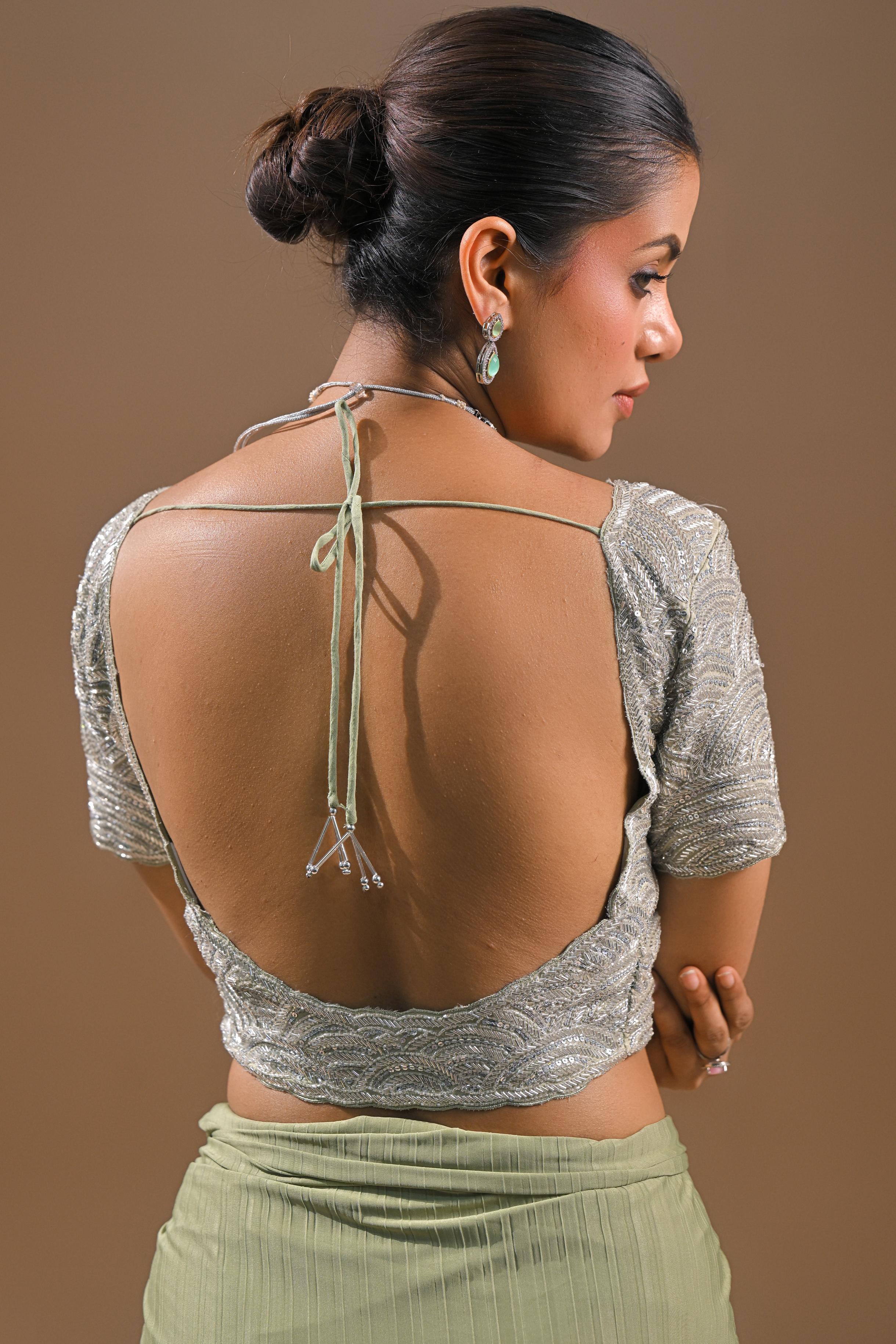 Pastel Green Embellished Pleated Saree - Image 10