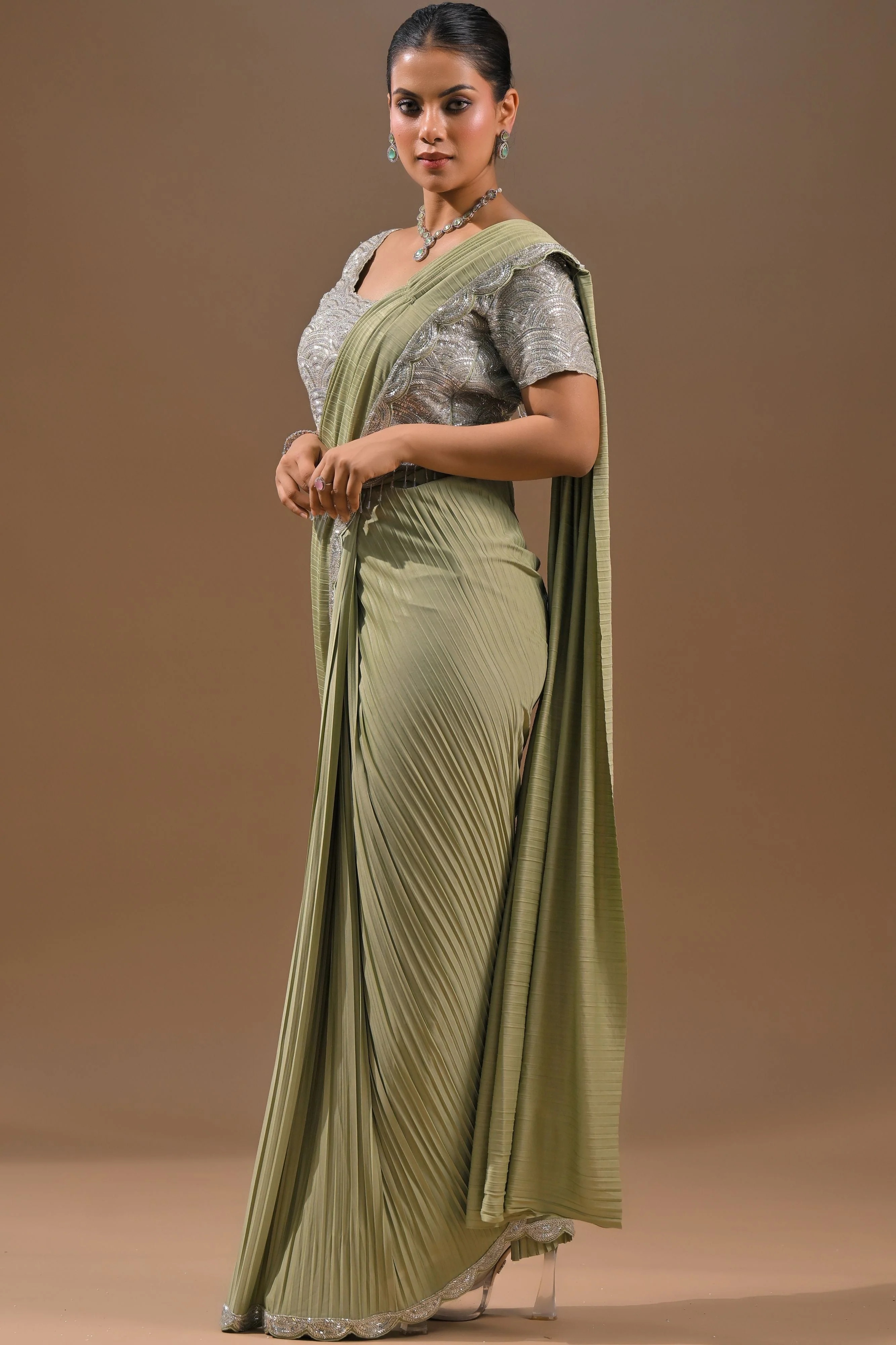 Pastel Green Embellished Pleated Saree - Image 3