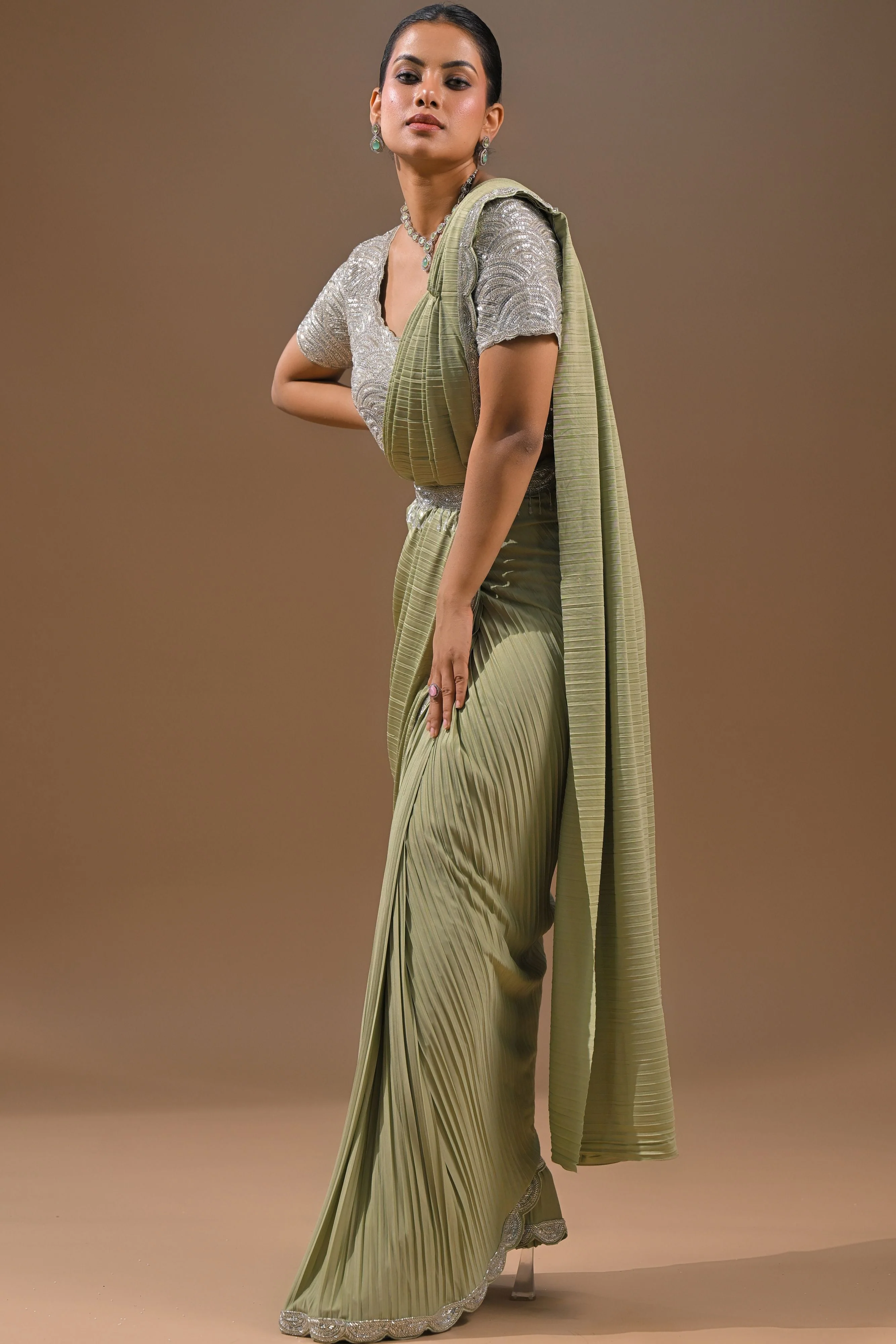 Pastel Green Embellished Pleated Saree - Image 4