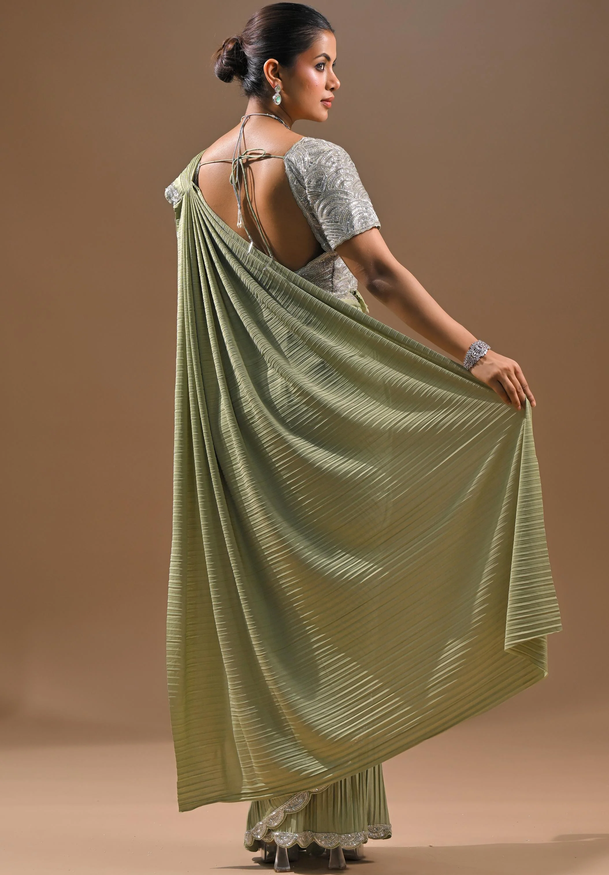Pastel Green Embellished Pleated Saree - Image 5