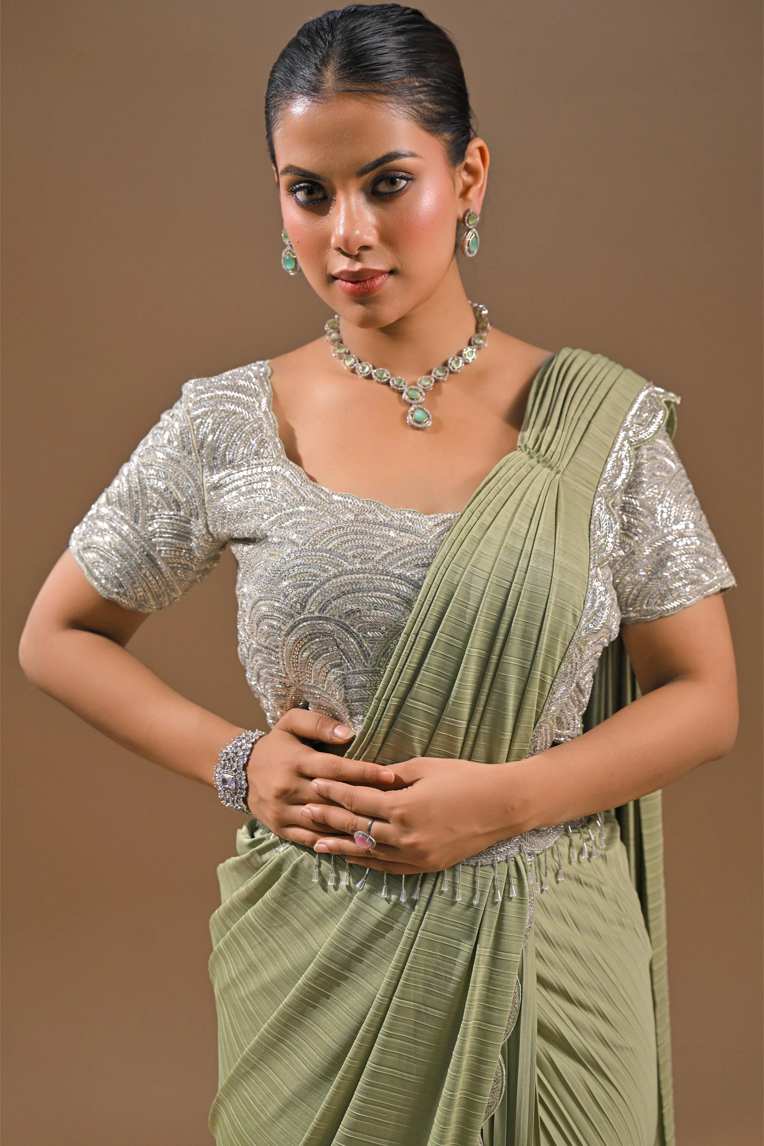Pastel Green Embellished Pleated Saree - Image 6