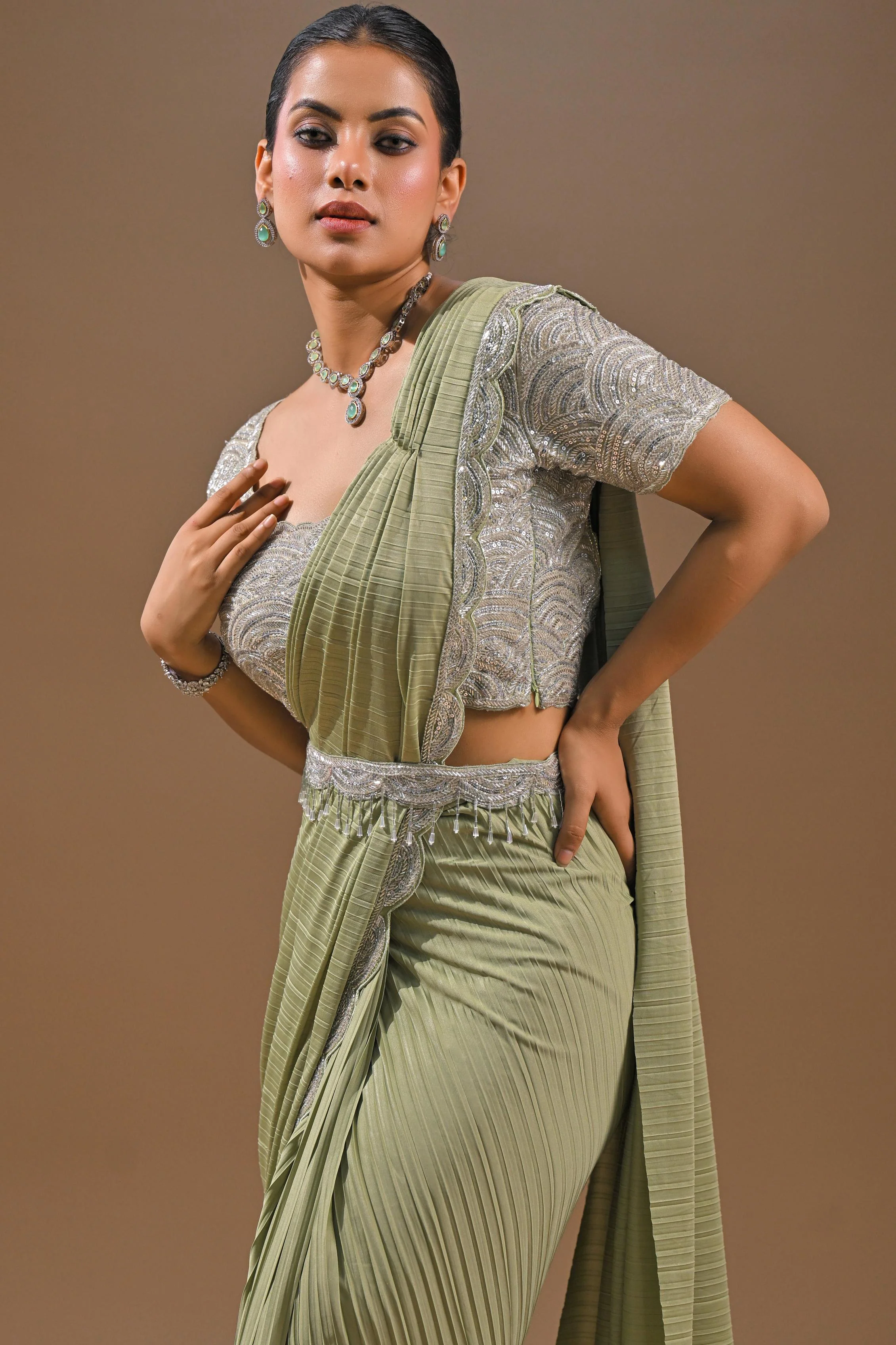 Pastel Green Embellished Pleated Saree - Image 7