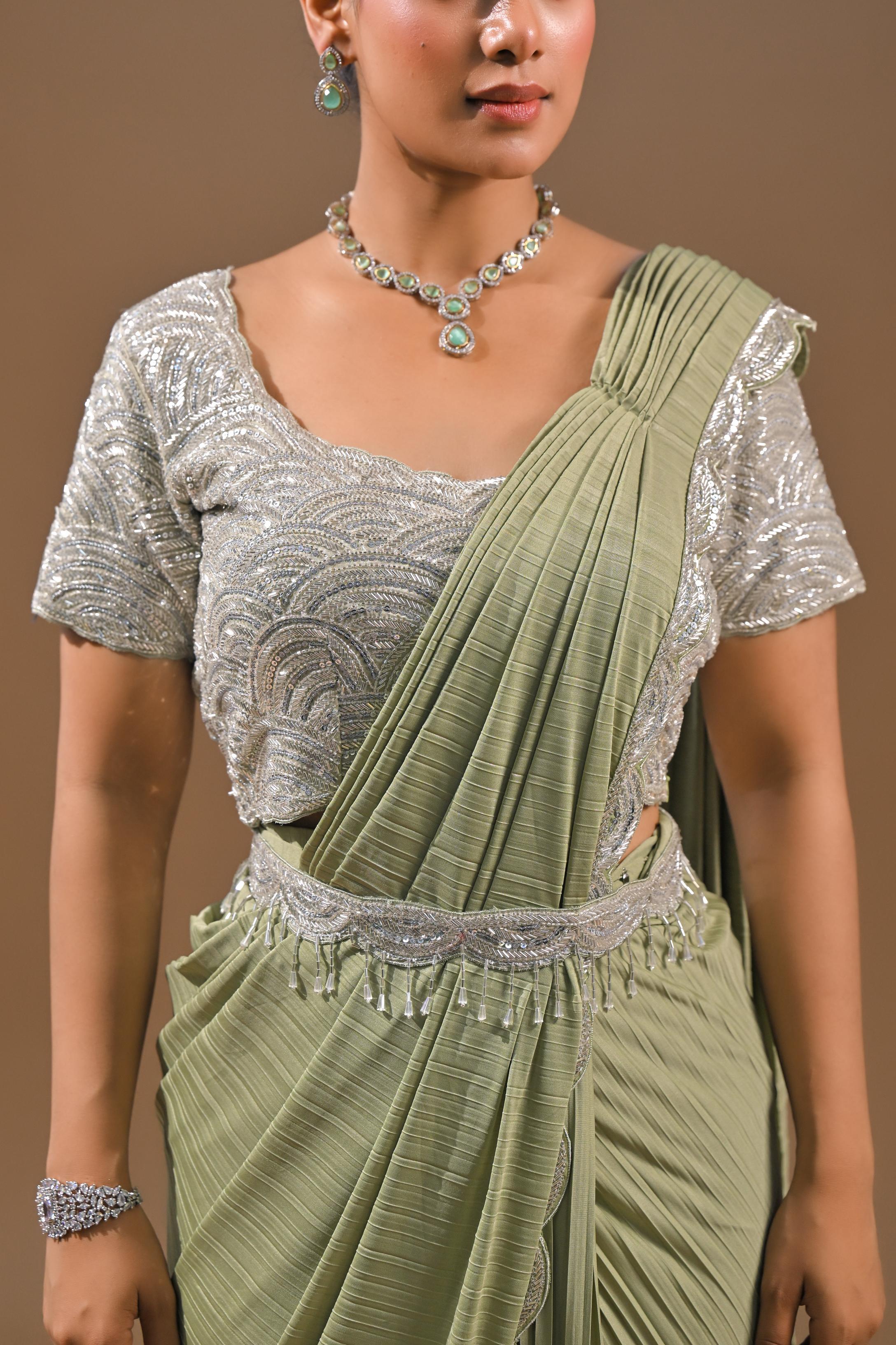 Pastel Green Embellished Pleated Saree - Image 8