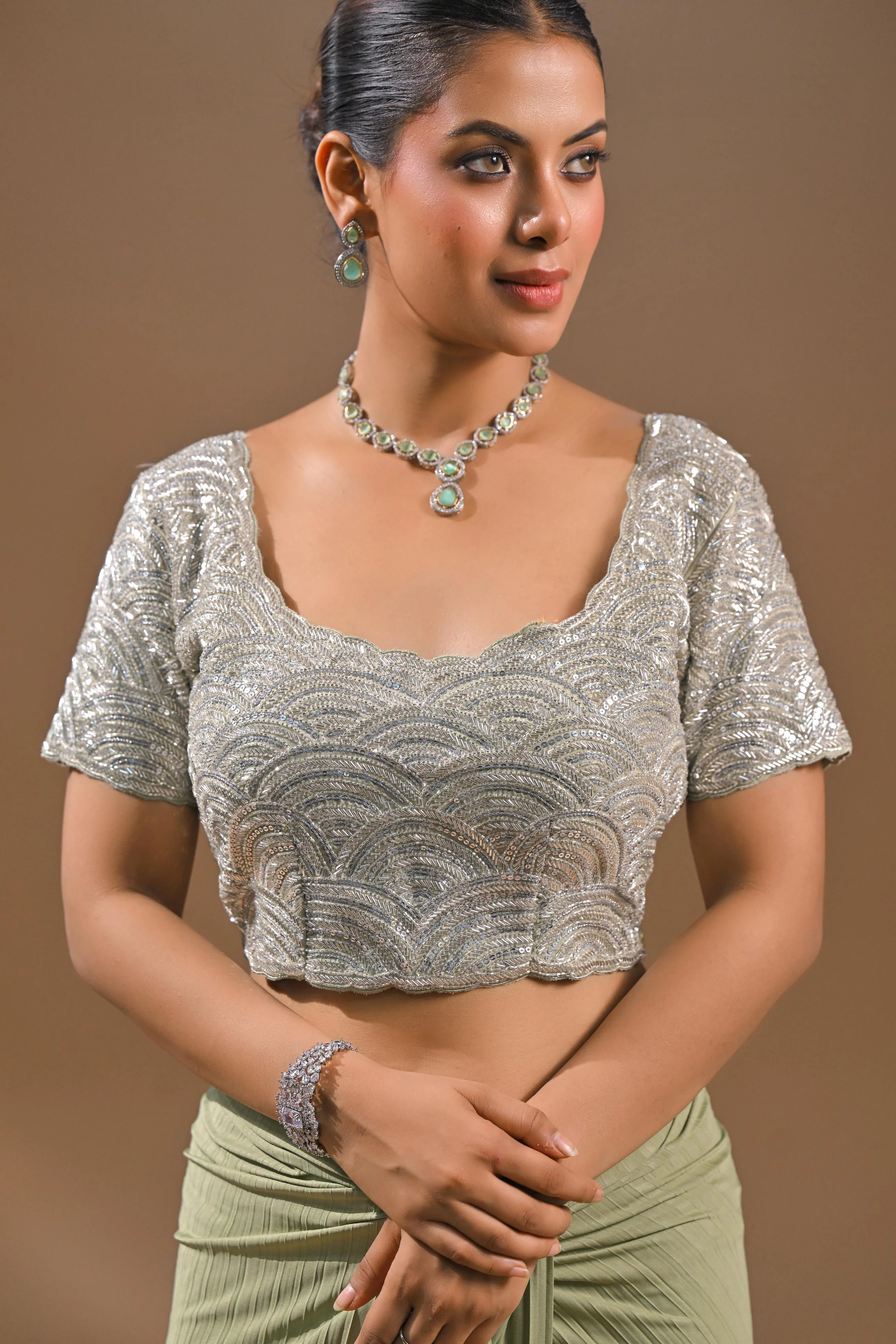 Pastel Green Embellished Pleated Saree - Image 9