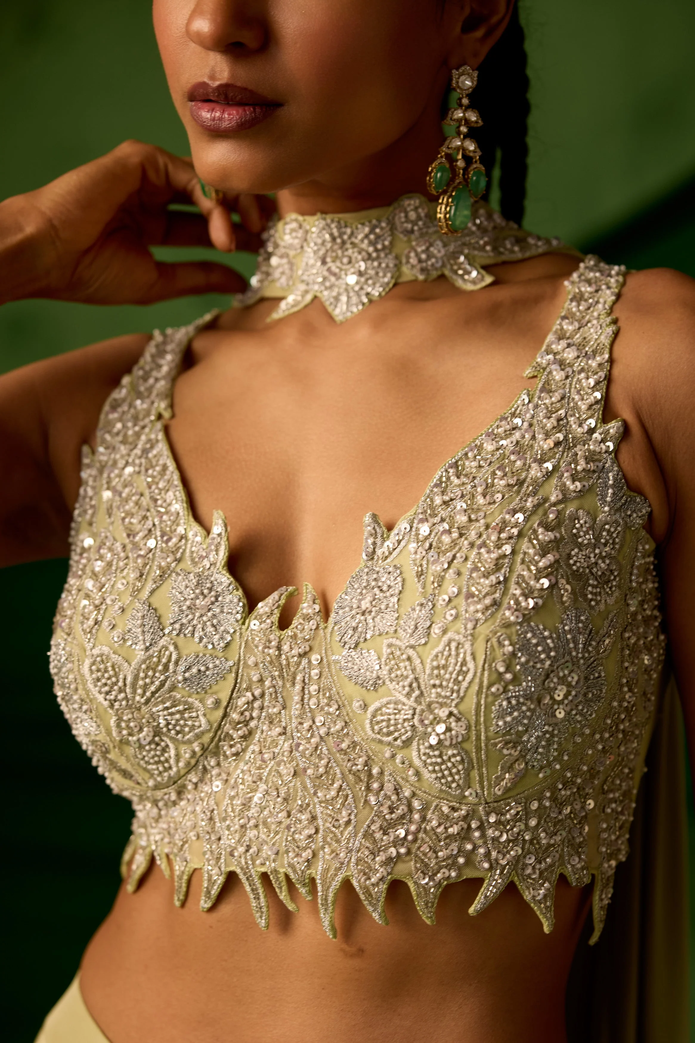 Soft Green Embellished Satin Silk Palazzo Set - Image 2