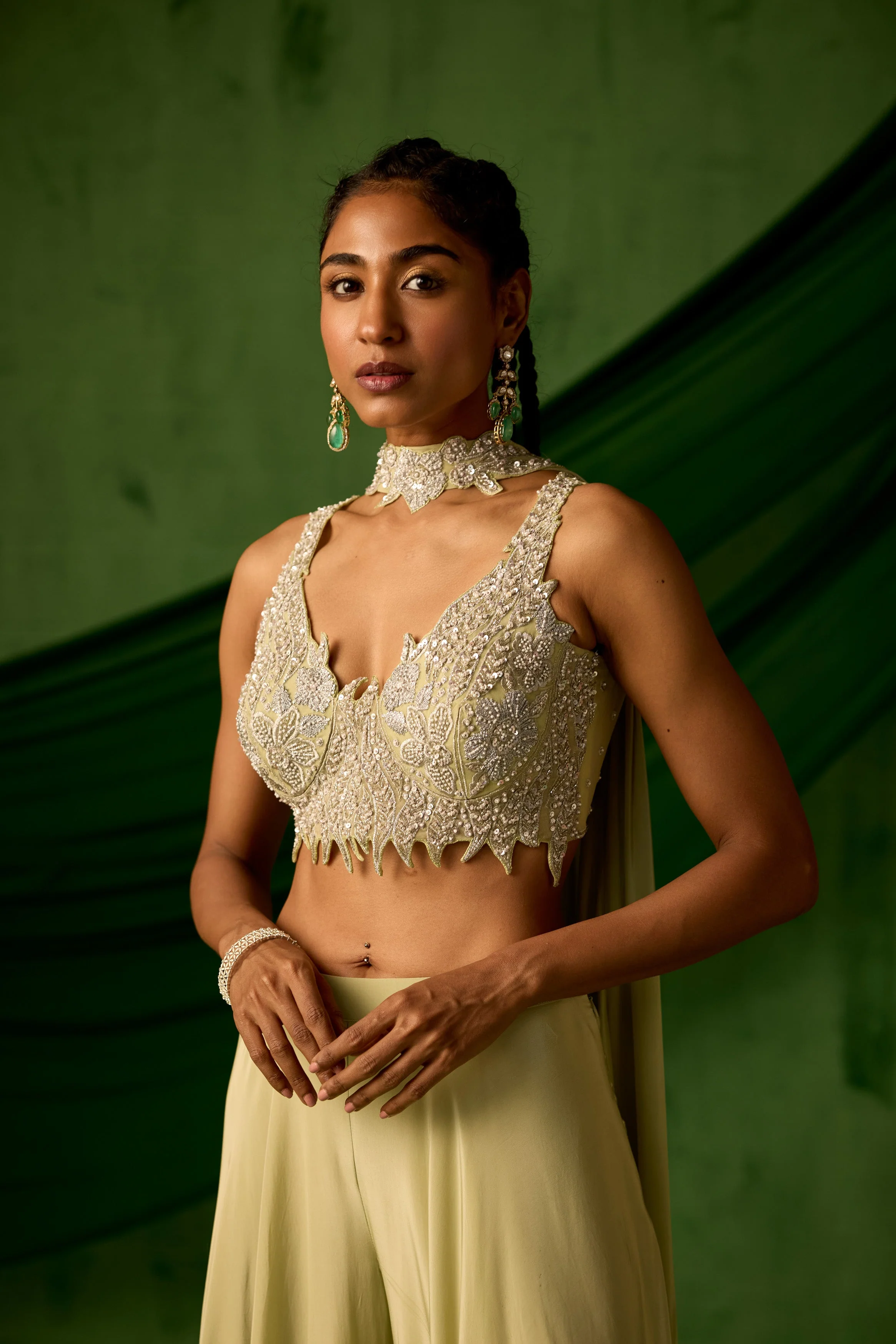 Soft Green Embellished Satin Silk Palazzo Set - Image 3