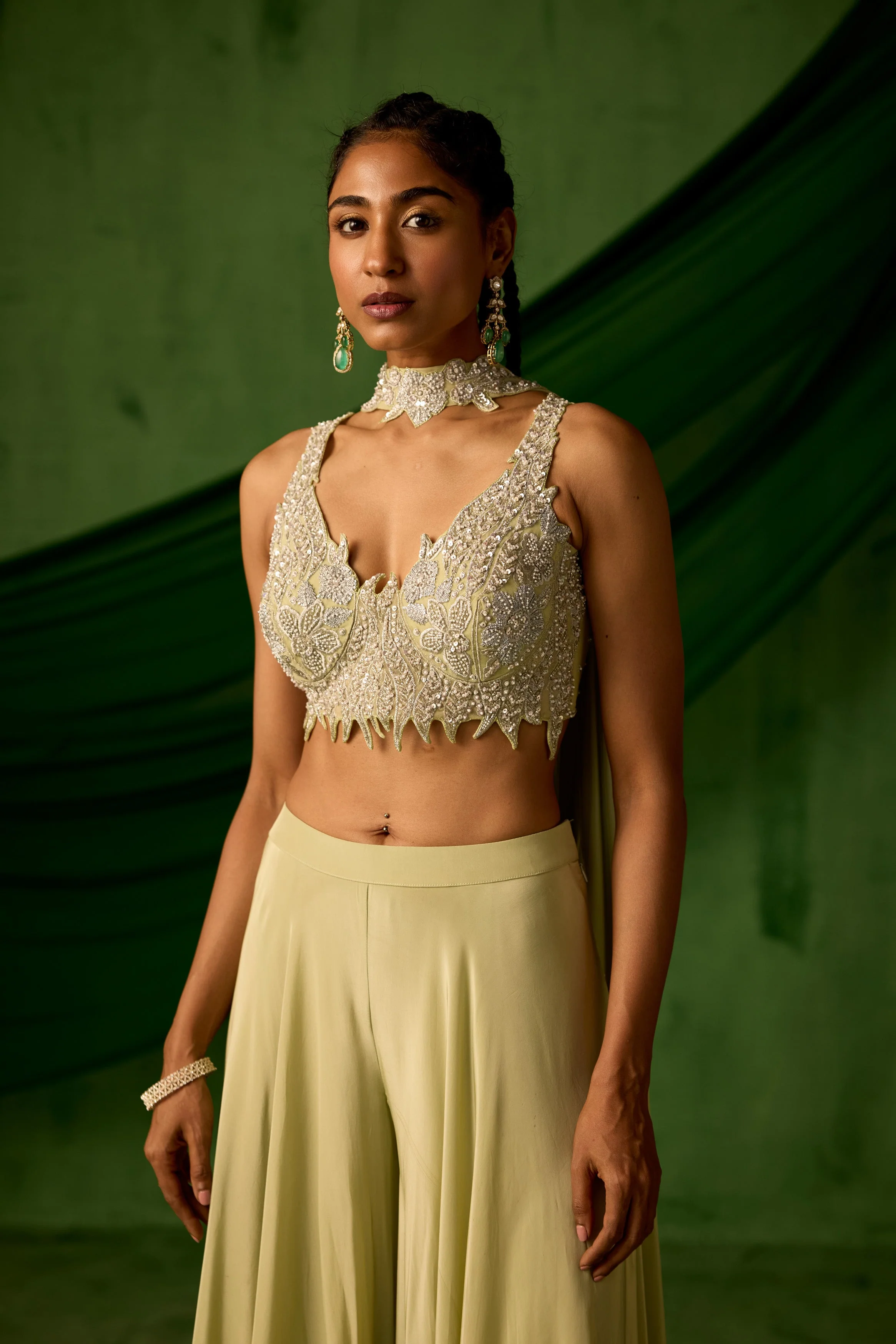 Soft Green Embellished Satin Silk Palazzo Set - Image 4