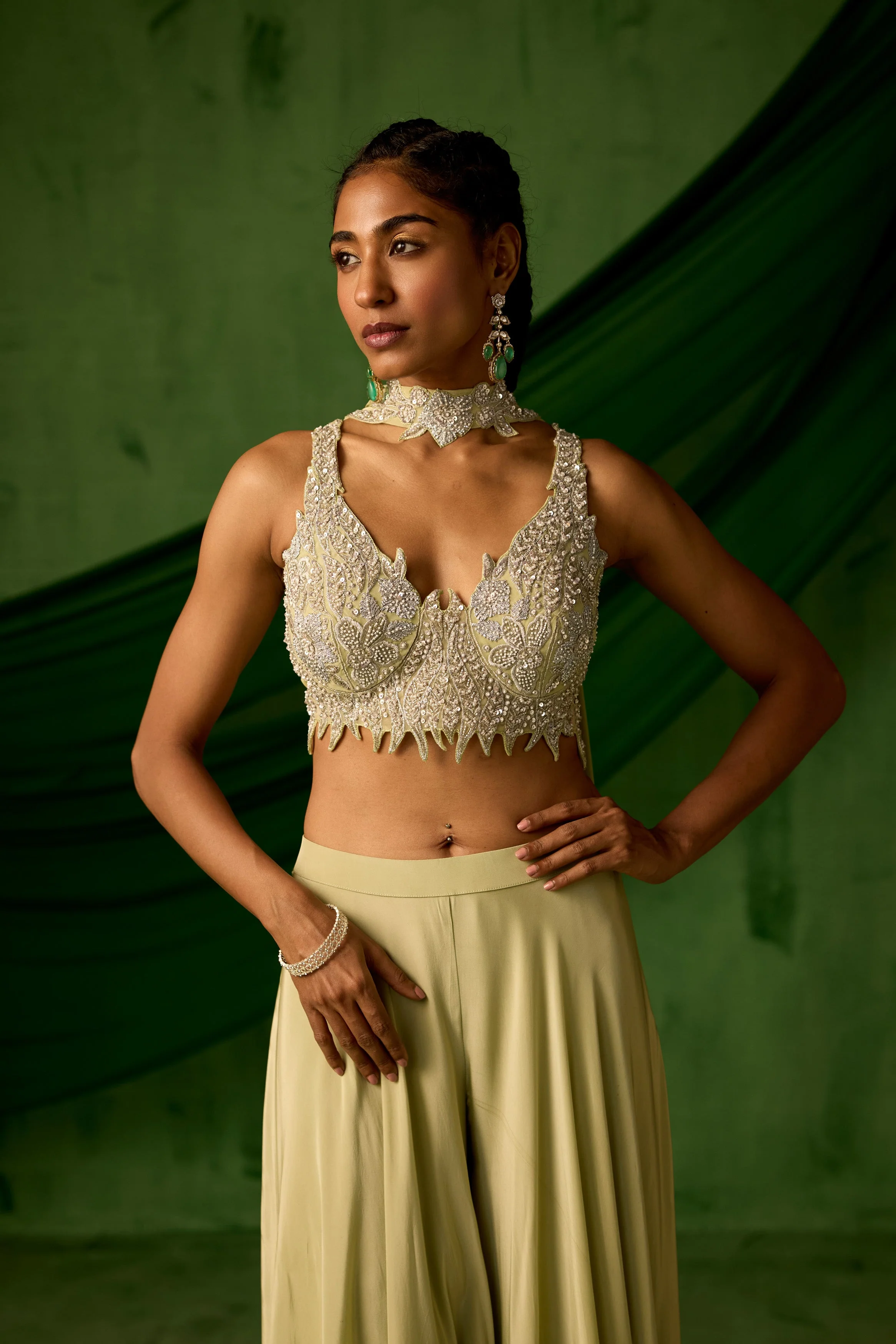 Soft Green Embellished Satin Silk Palazzo Set - Image 5