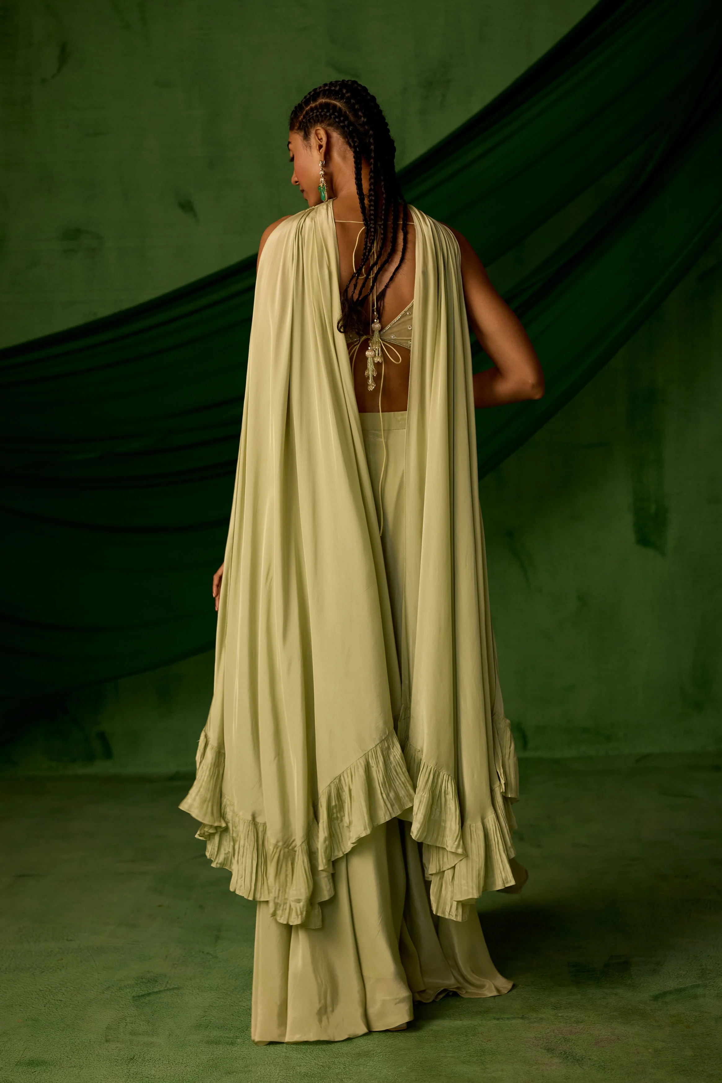 Soft Green Embellished Satin Silk Palazzo Set - Image 6