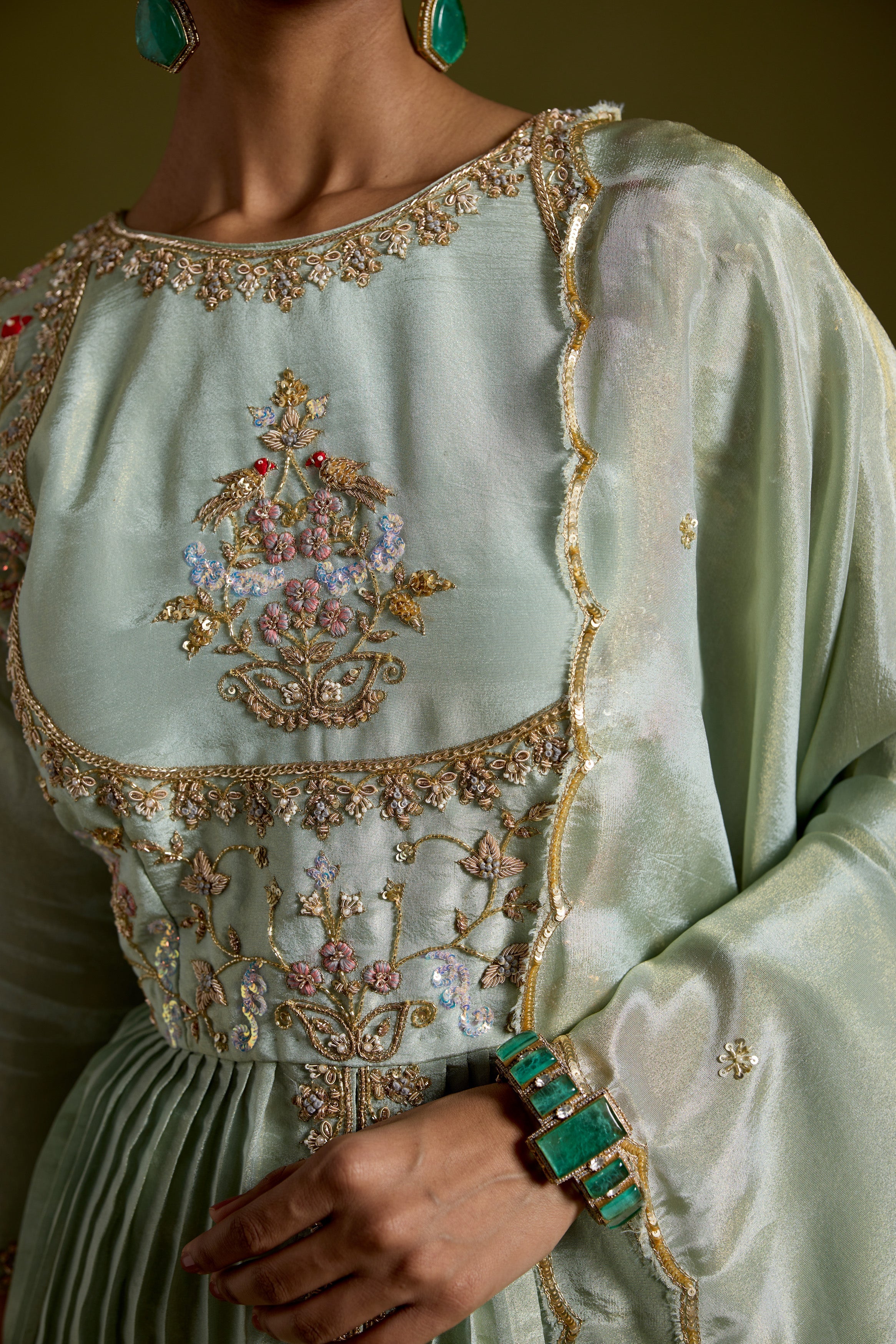 Pastel Green Embellished Shimmer Tissue Silk Skirt Set - Image 2