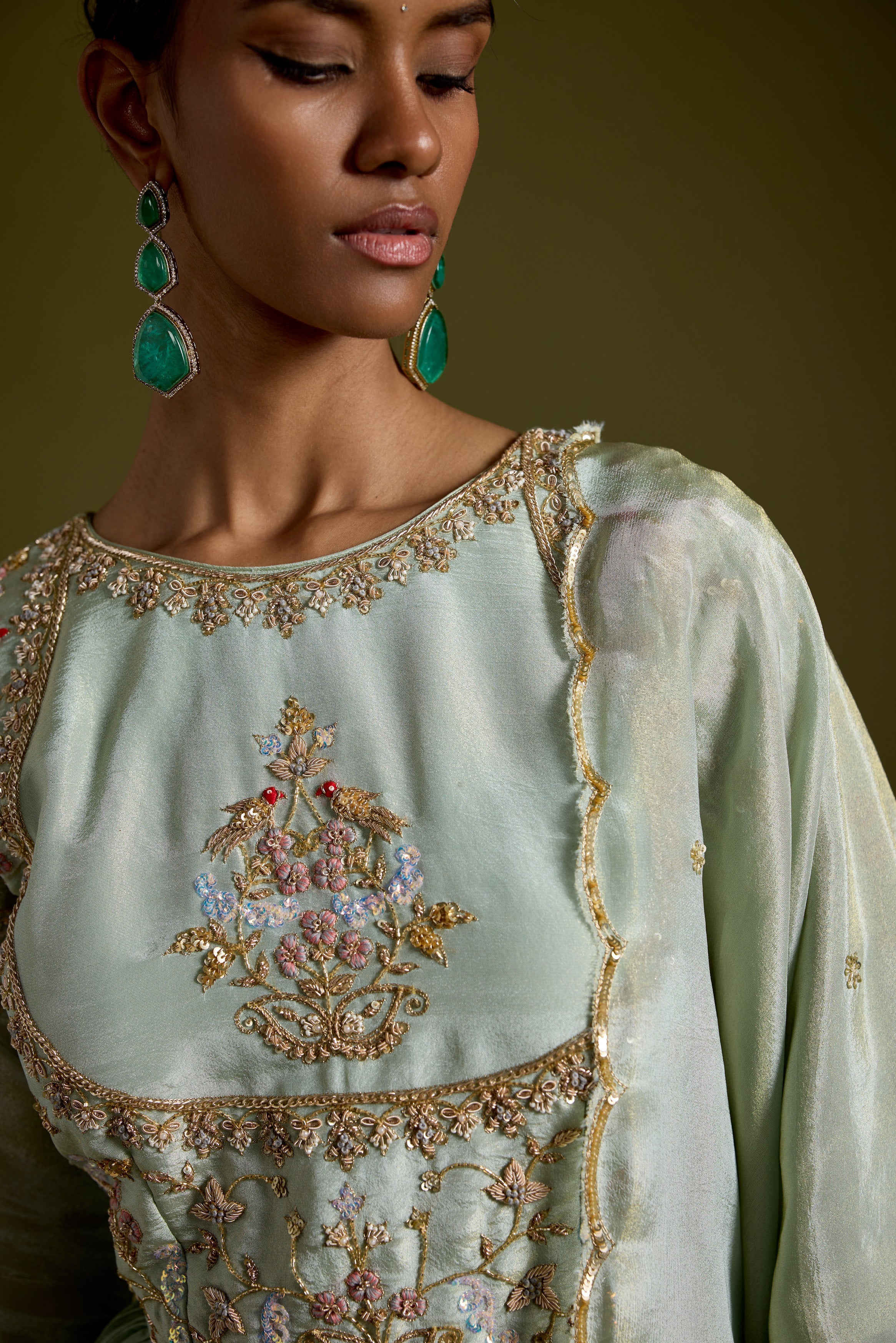 Pastel Green Embellished Shimmer Tissue Silk Skirt Set - Image 3