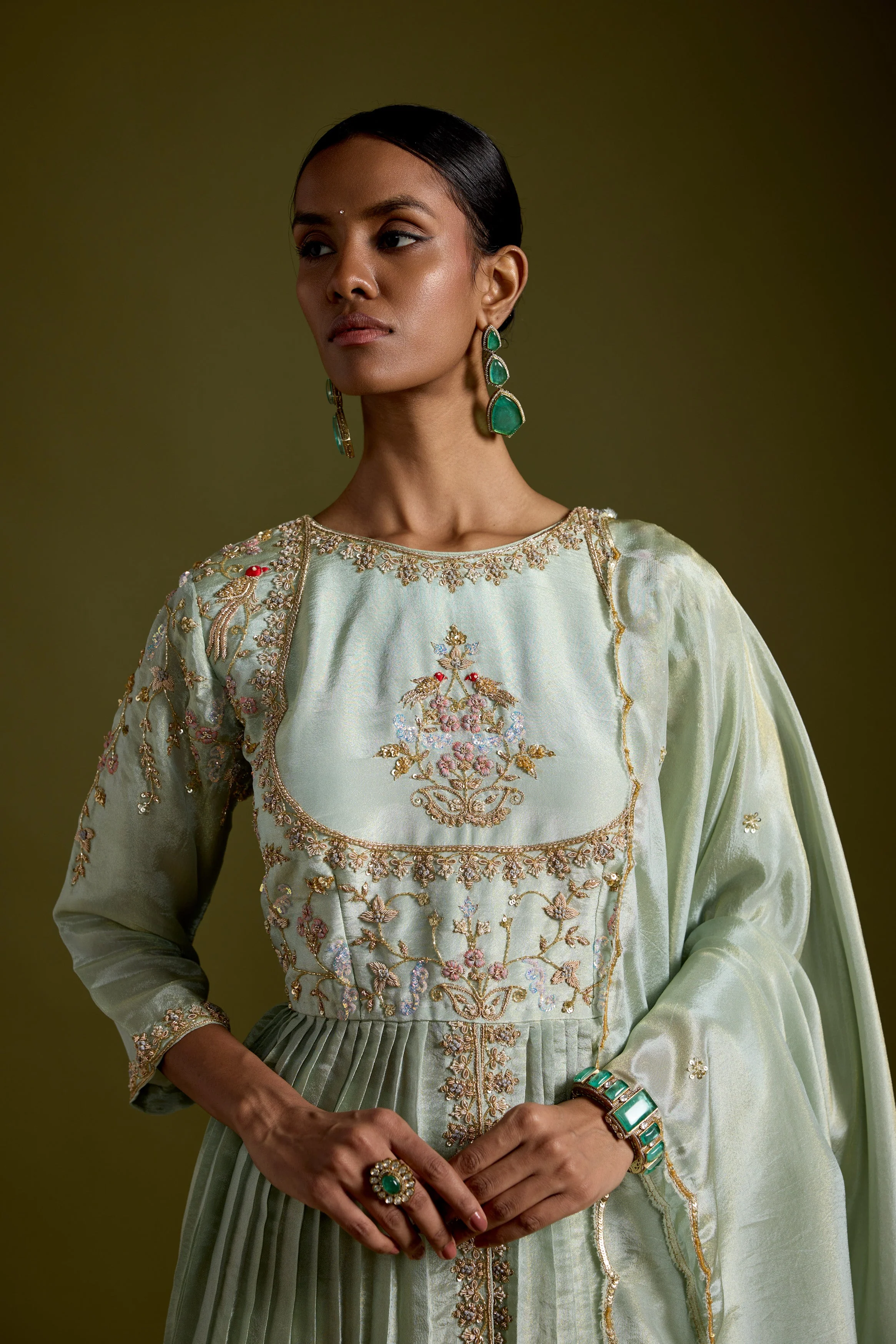 Pastel Green Embellished Shimmer Tissue Silk Skirt Set - Image 4