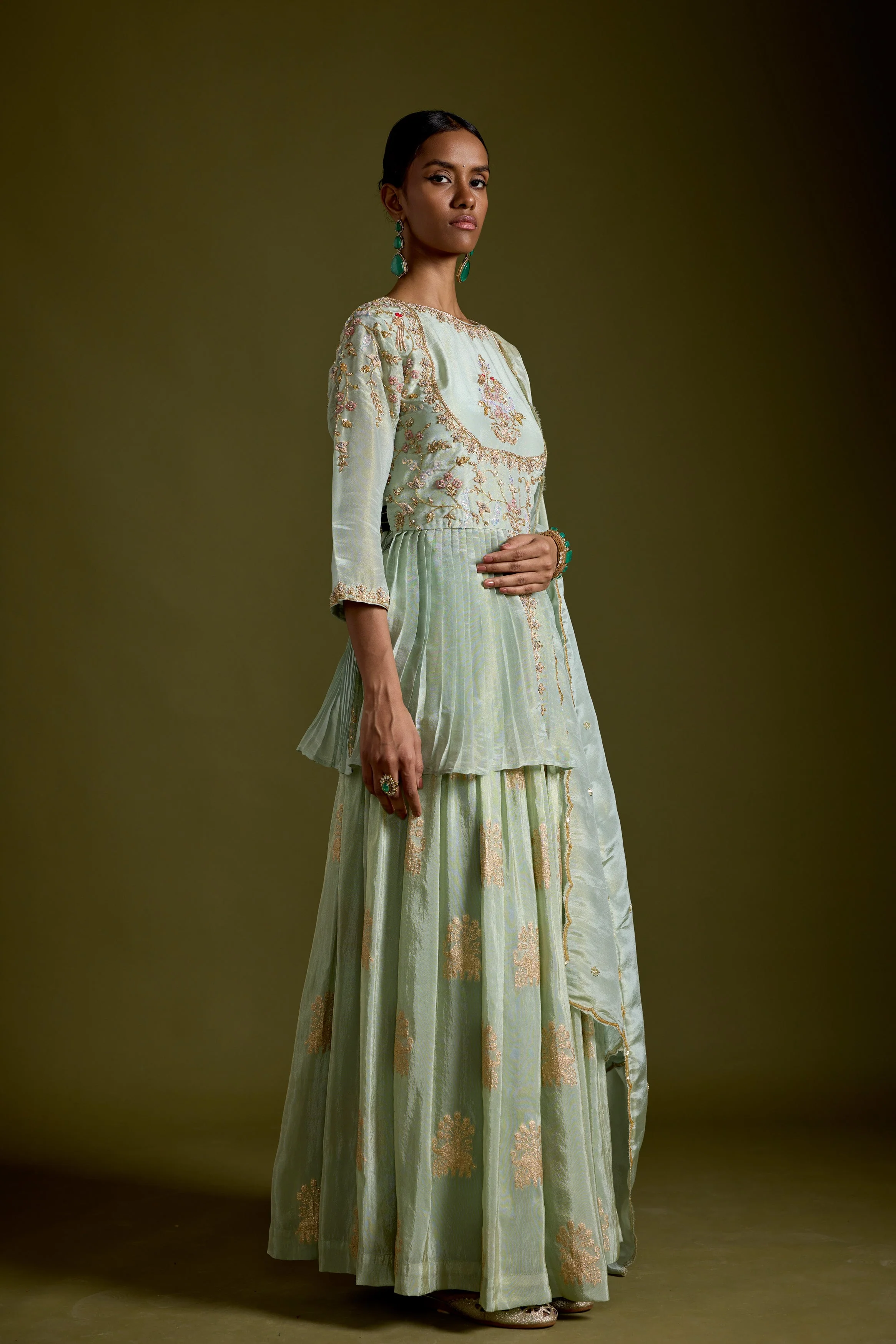 Pastel Green Embellished Shimmer Tissue Silk Skirt Set - Image 5