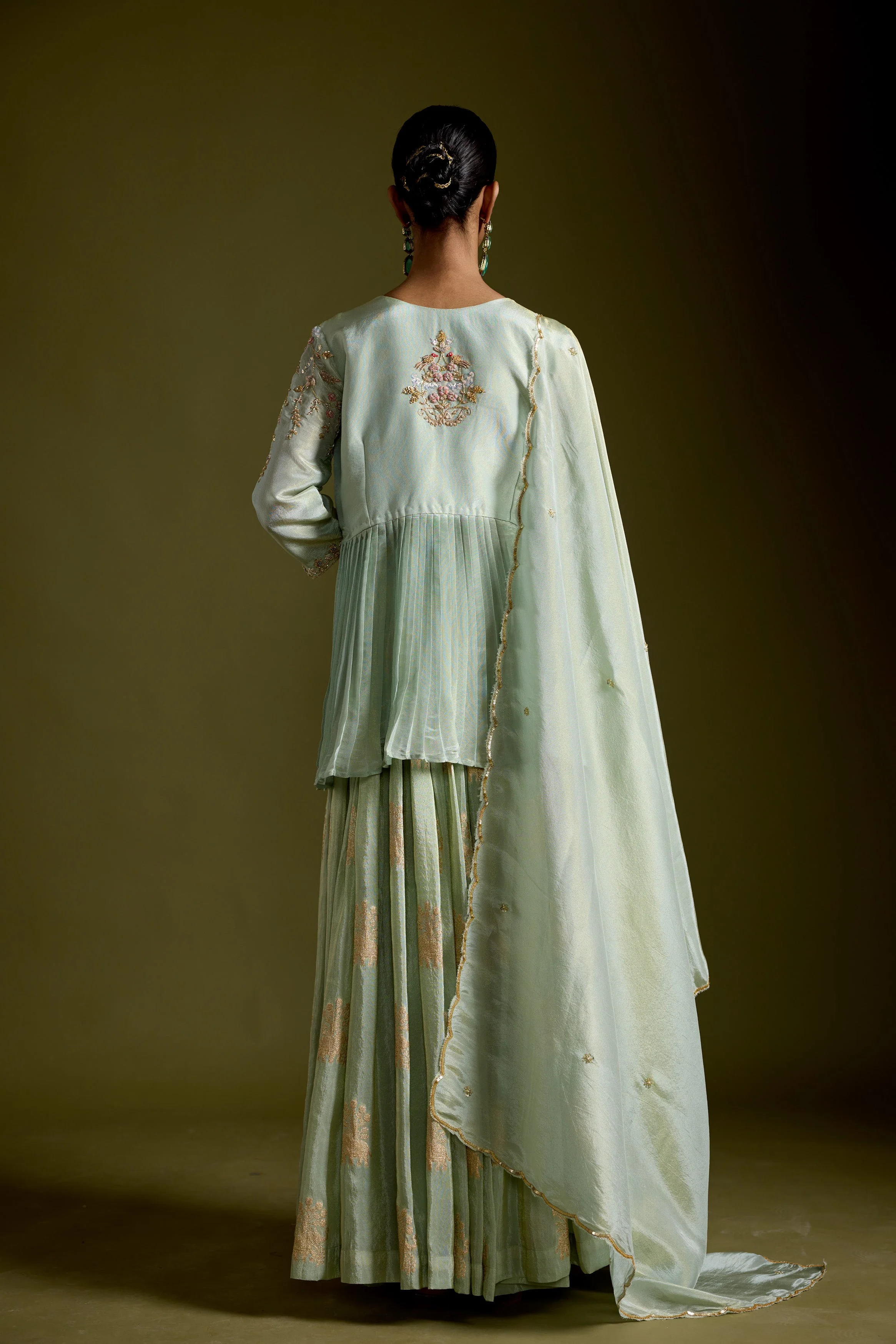 Pastel Green Embellished Shimmer Tissue Silk Skirt Set - Image 6