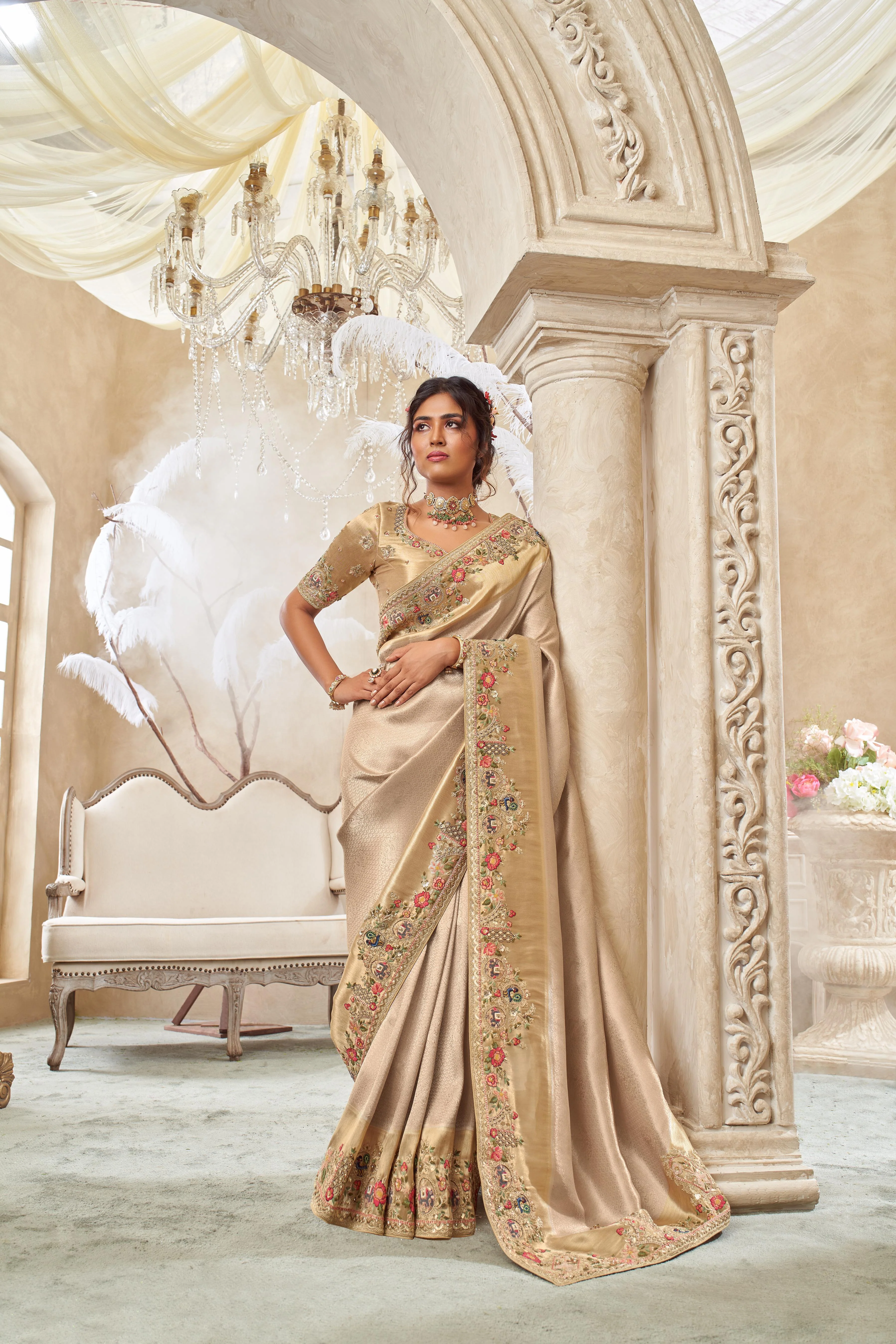 Beige Gold Embellished Shimmer Tissue Silk Saree