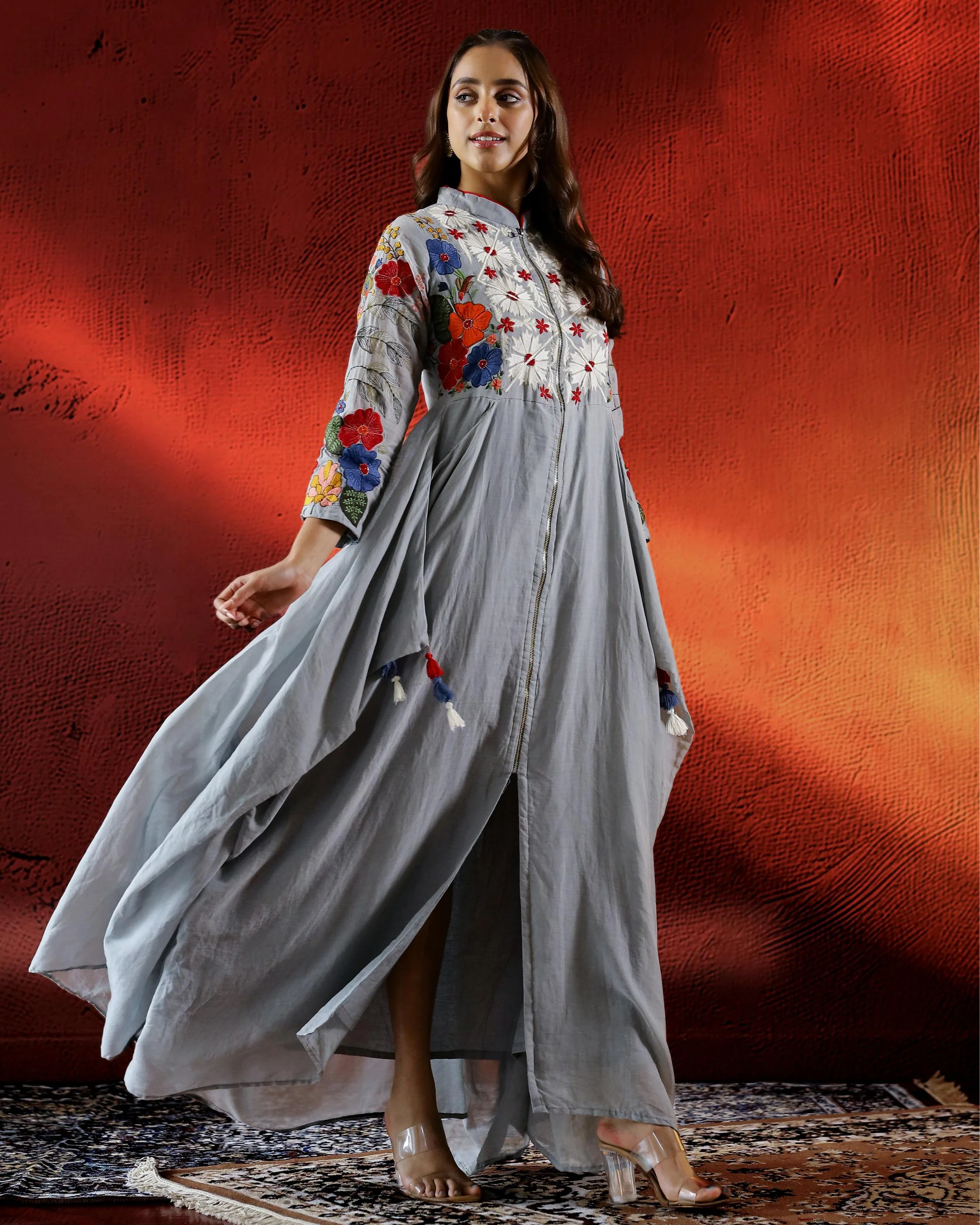 Pastel Grey Embroidered Belgium Linen Gown - Image 3