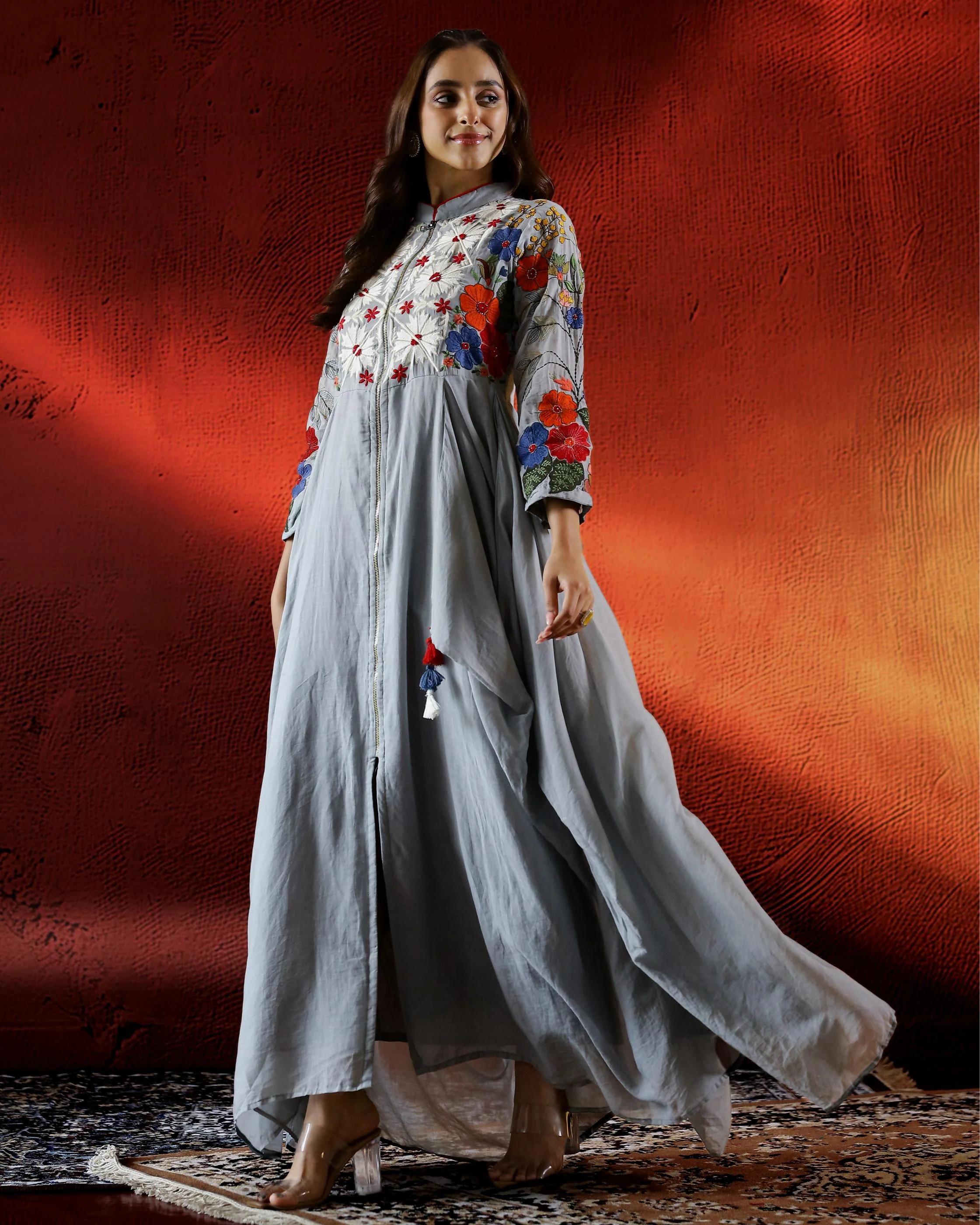 Pastel Grey Embroidered Belgium Linen Gown - Image 4