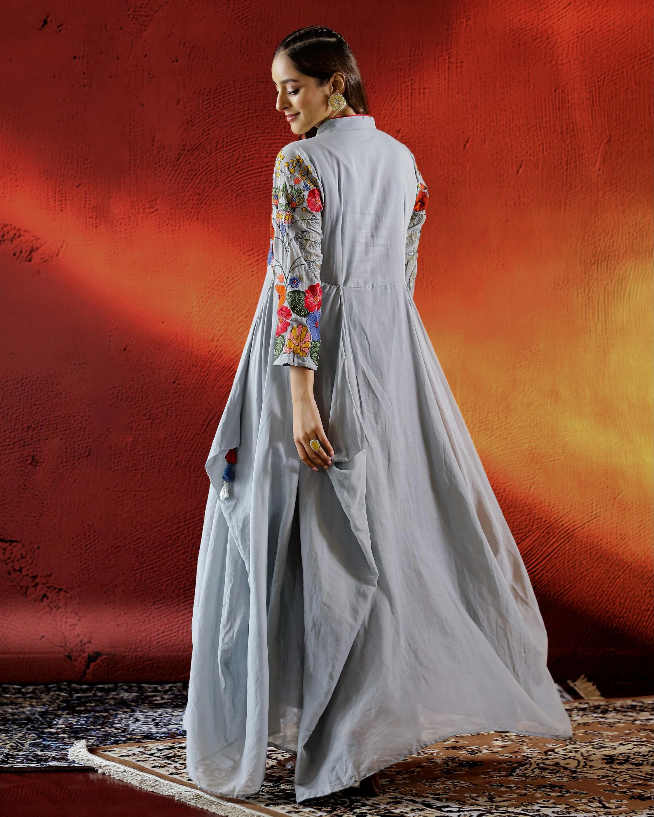 Pastel Grey Embroidered Belgium Linen Gown - Image 5