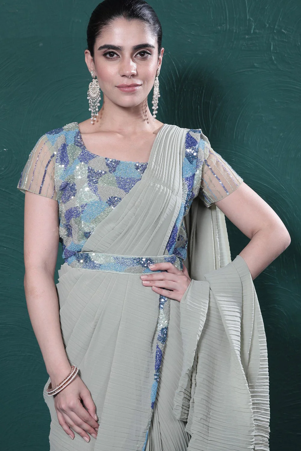 Pastel Green Embroidered Pleated Saree - Image 3