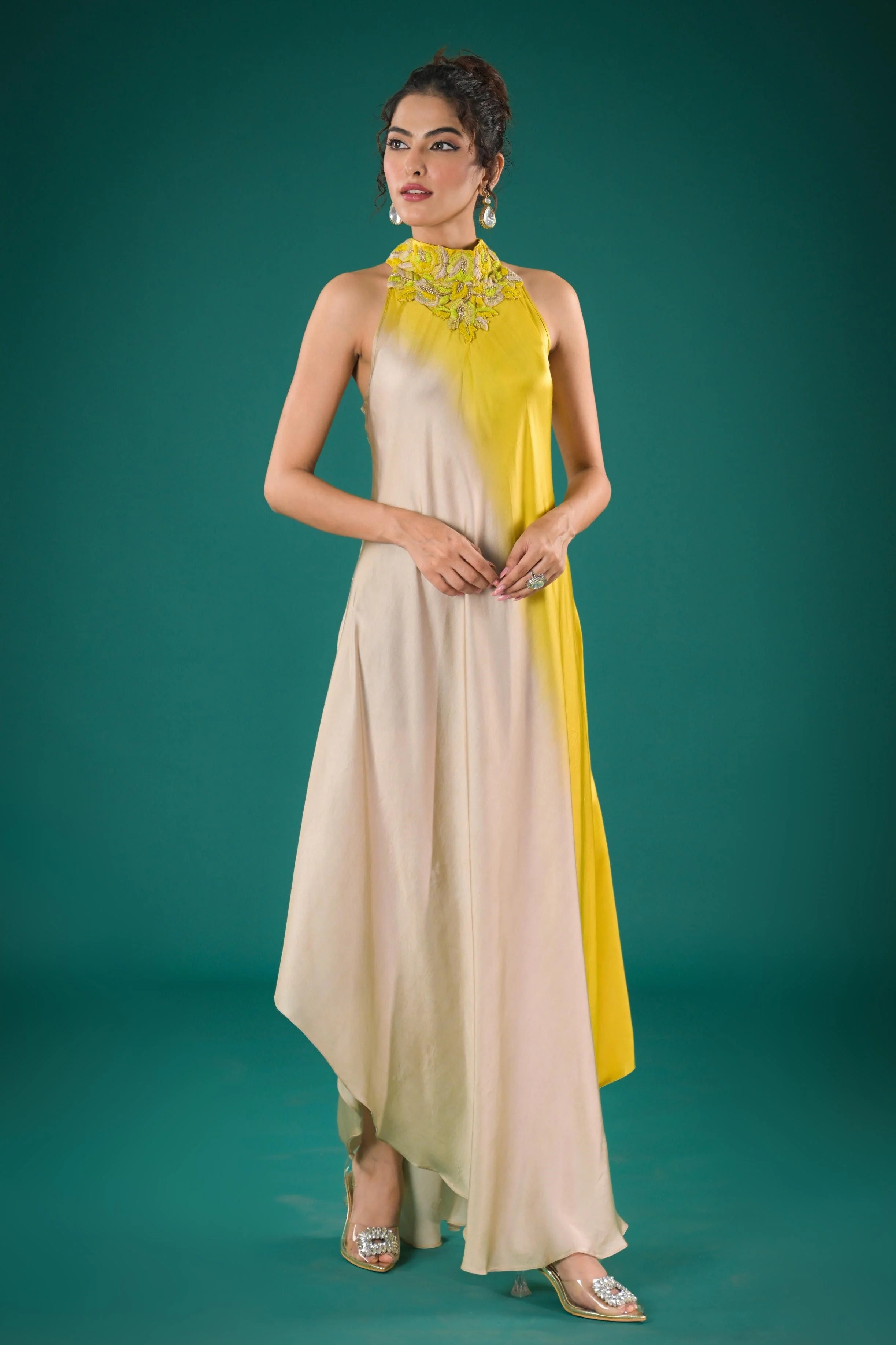 Pastel Green Embroidered Satin Silk Dress - Image 3