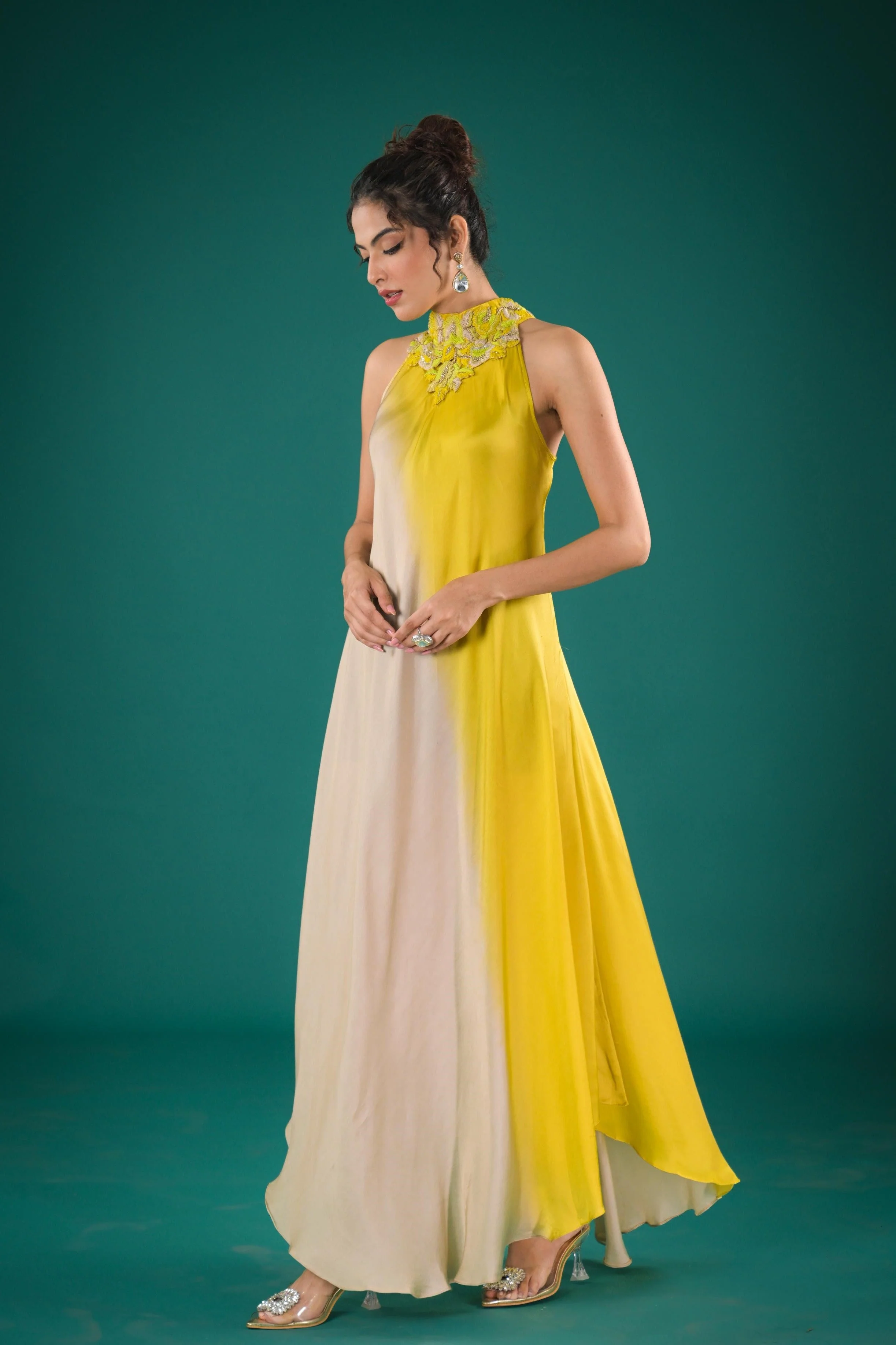 Pastel Green Embroidered Satin Silk Dress - Image 4