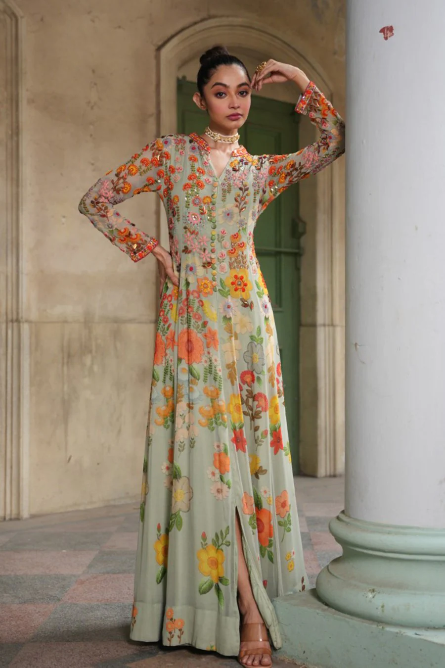 Pastel Green Floral Embroidered Anarkali - Image 3