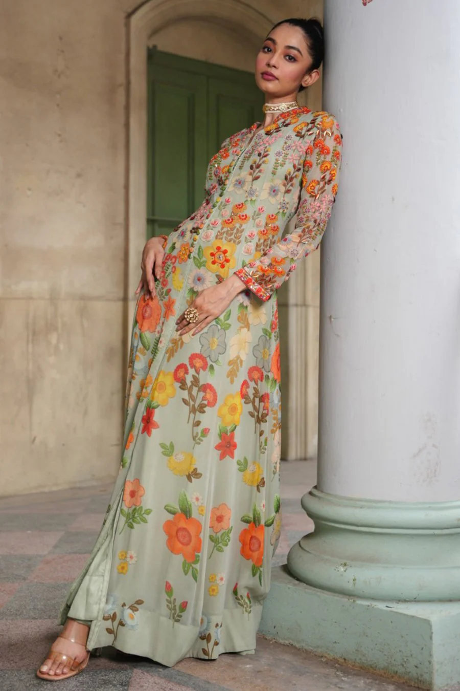 Pastel Green Floral Embroidered Anarkali - Image 4