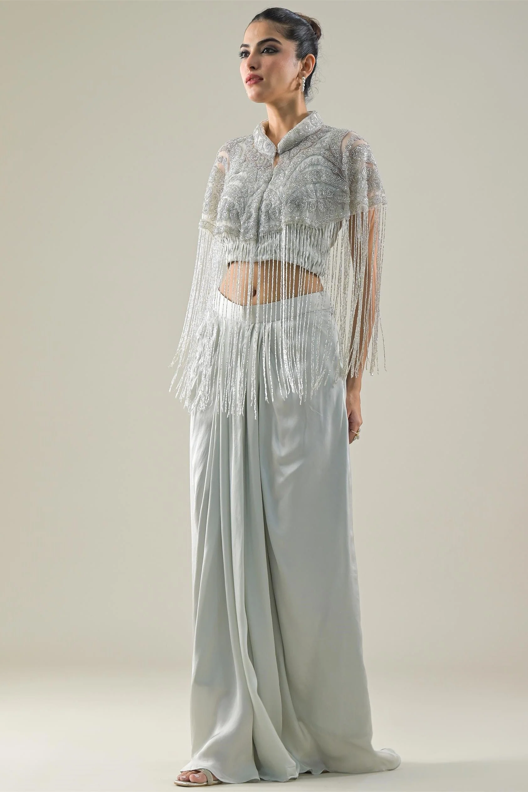 Pastel Grey Embellished Satin Silk Skirt Set - Image 3