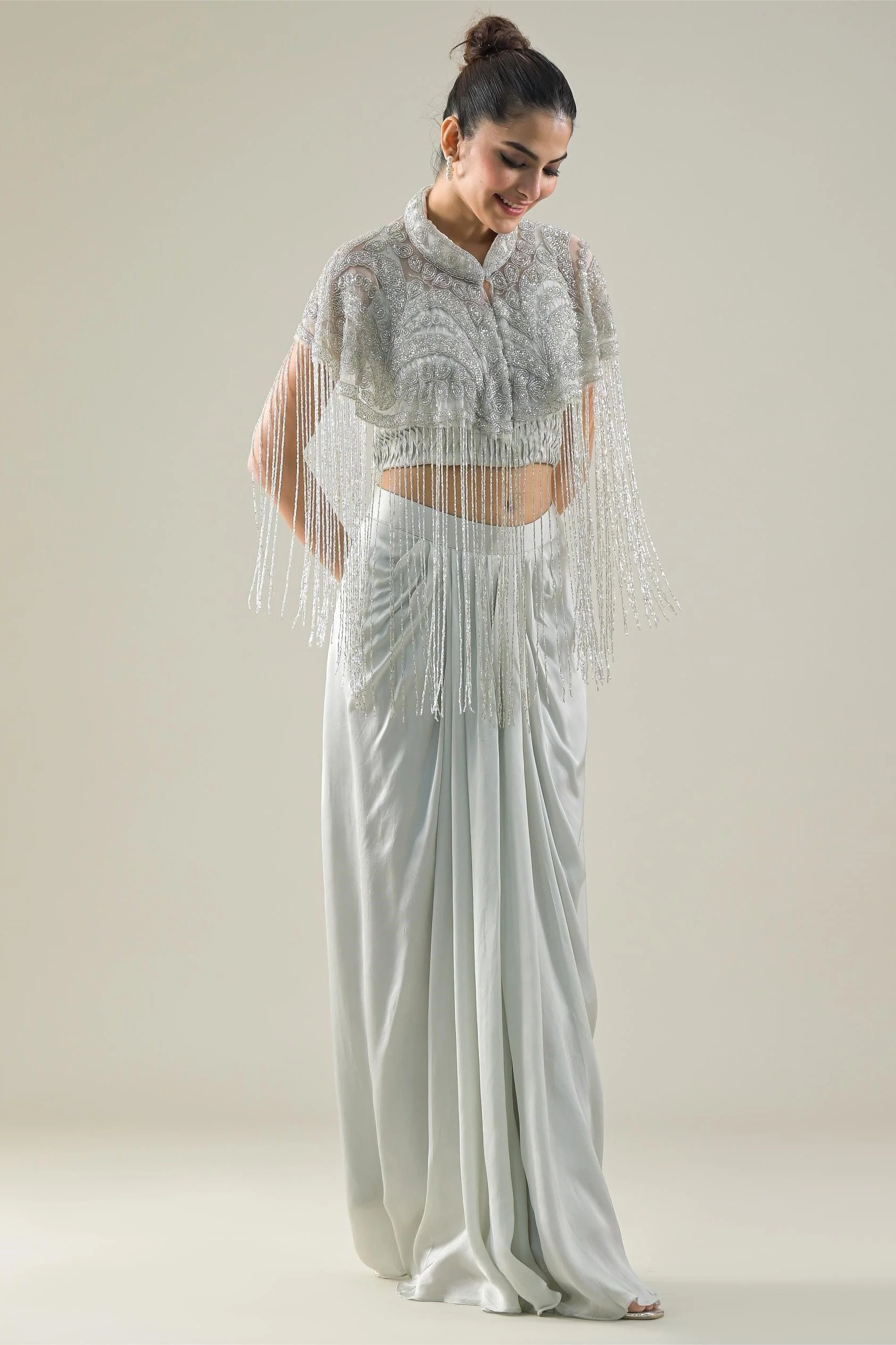 Pastel Grey Embellished Satin Silk Skirt Set - Image 4